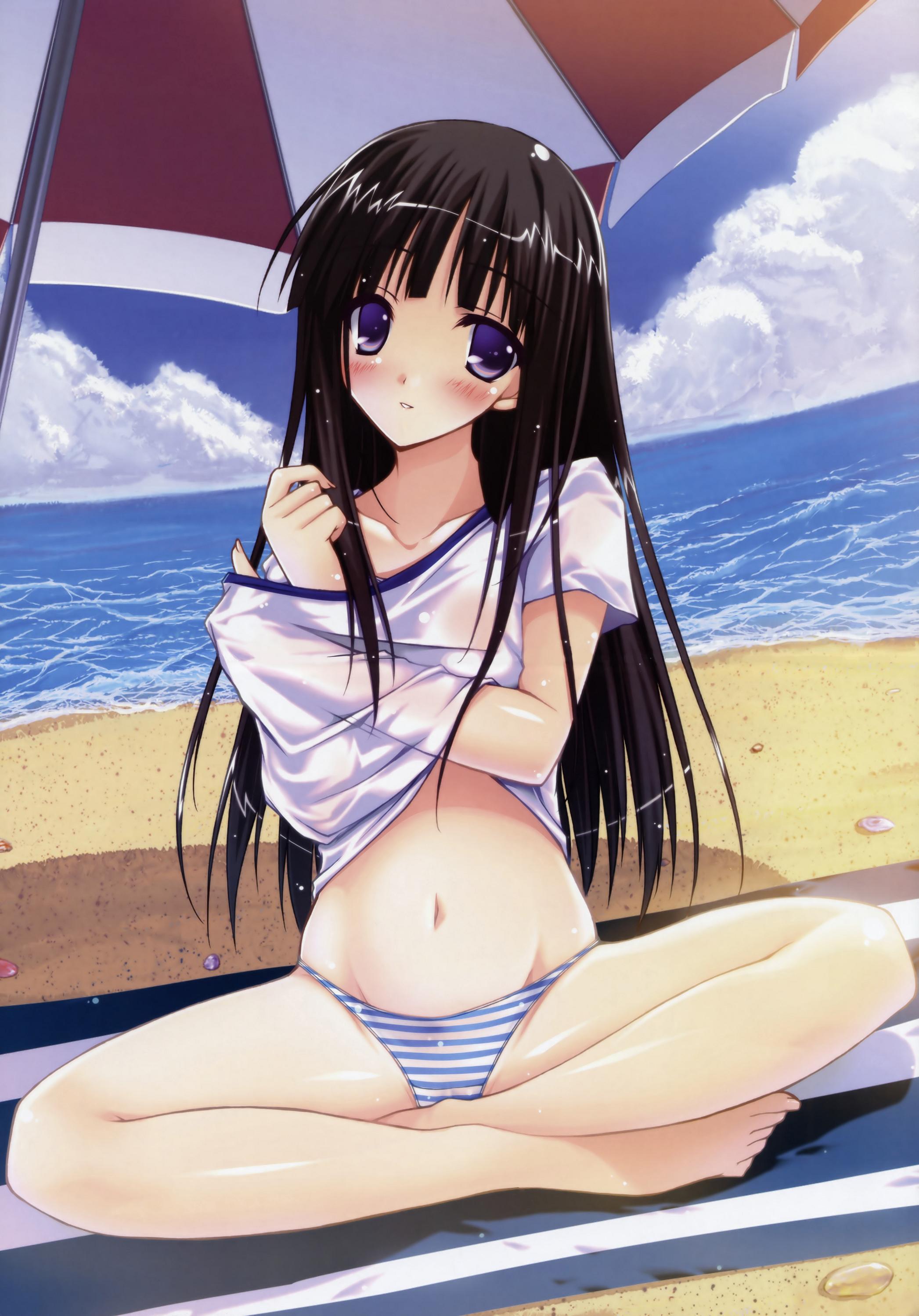 kusanagi yukino, pastel (game), absurdres, highres, 1girl, beach, blush, brown hair, crossed legs, day, female focus, indian style, ocean, panties, purple eyes, sitting, smile, solo, striped clothes, striped panties, underwear, undressing, wet, wet clothes