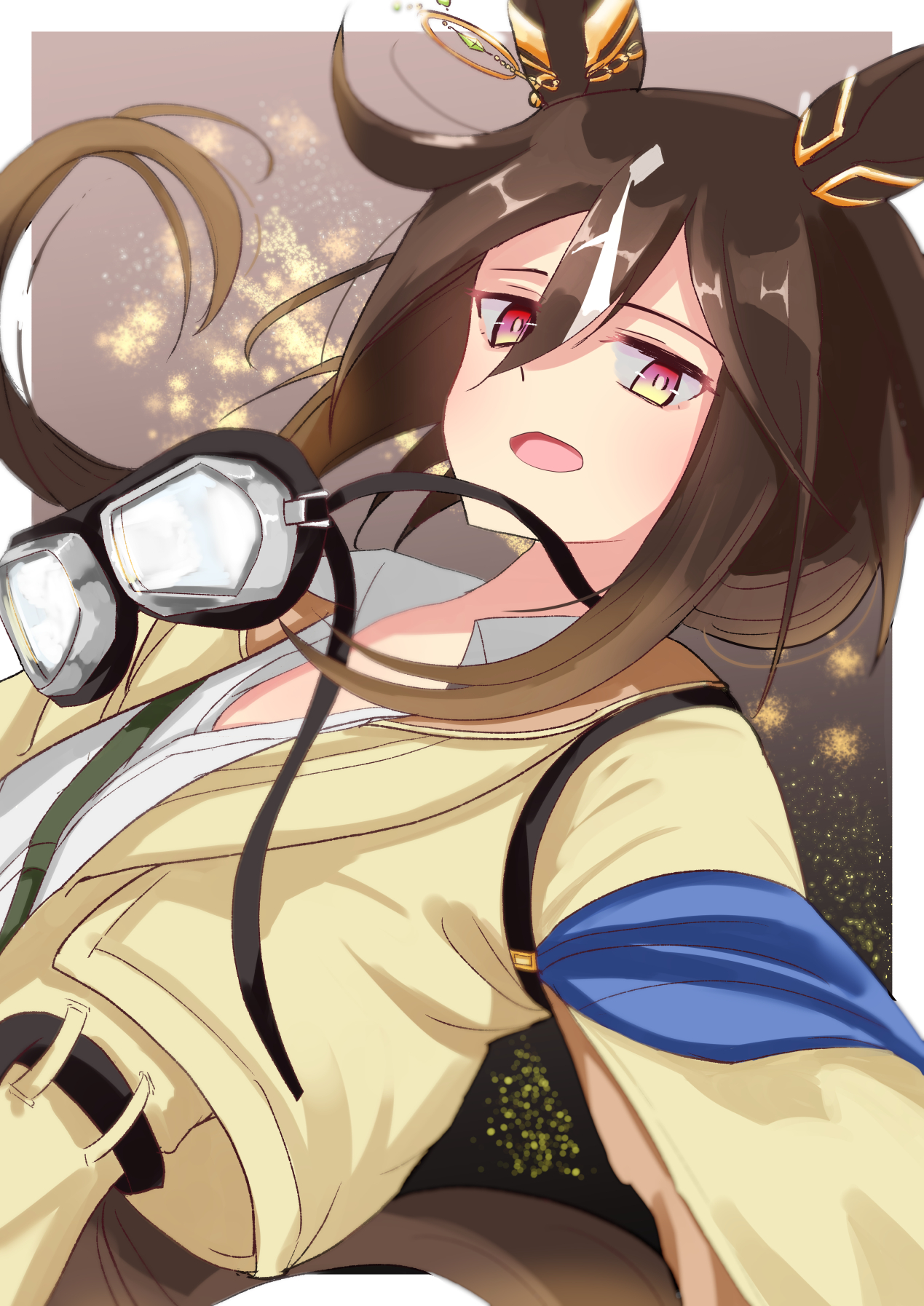 umayonyosi, stay gold (umamusume), umamusume, commentary, highres, animal ears, brown hair, coat, collared shirt, ear covers, goggles, goggles around neck, gradient hair, hair between eyes, horse ears, horse girl, long hair, looking at viewer, multicolored hair, red eyes, shirt, sidelocks, smile, streaked hair, white shirt, yellow coat
