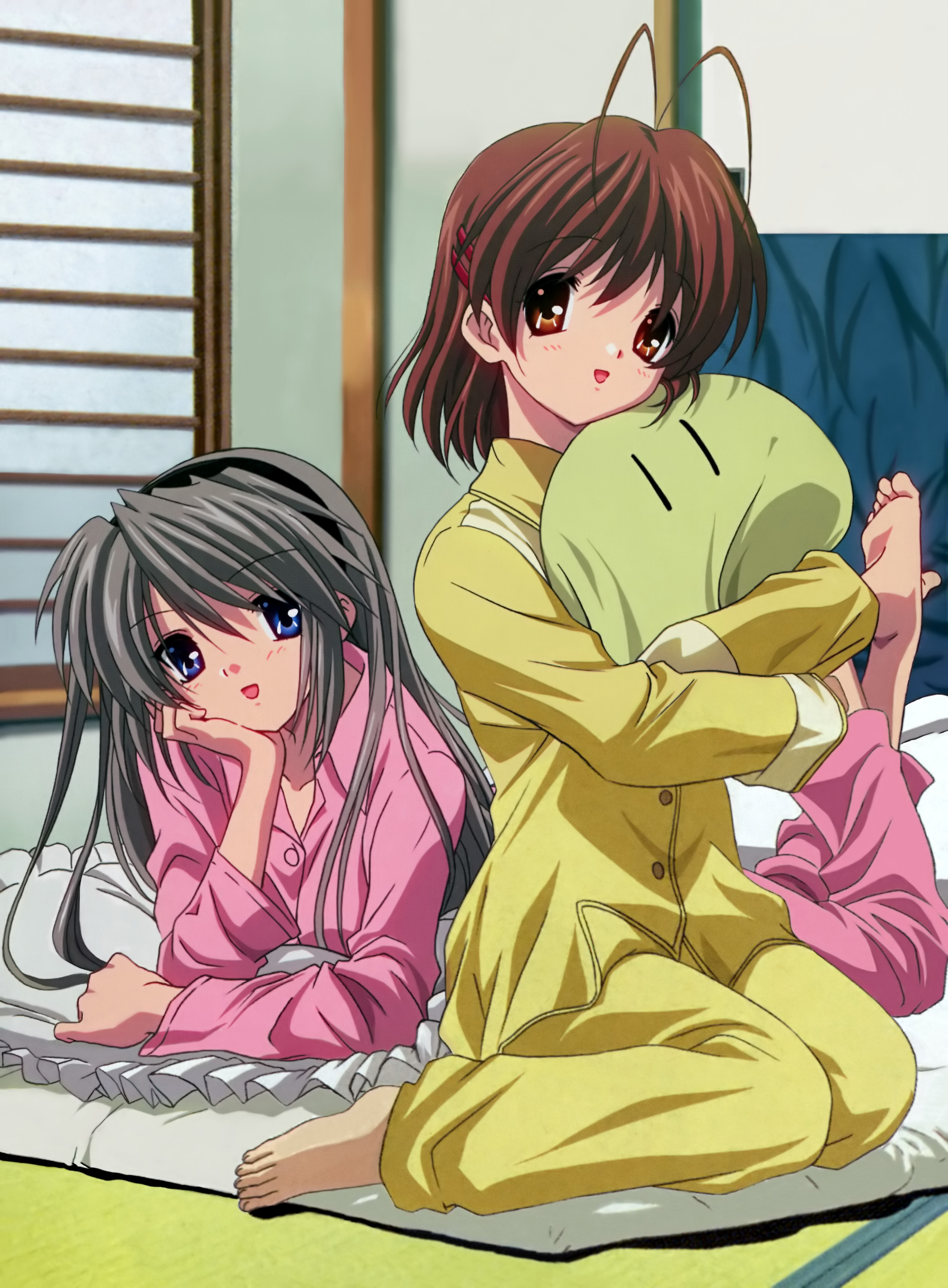 furukawa nagisa, sakagami tomoyo, clannad, absurdres, highres, official art, scan, 00s, 2girls, antenna hair, barefoot, feet, multiple girls, pajamas, sleepover, soles, toes