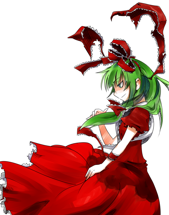 iyau, kagiyama hina, touhou, 1girl, dress, female focus, frills, front ponytail, green eyes, green hair, hair ribbon, long hair, matching hair/eyes, puffy sleeves, red dress, ribbon, smile, solo, white background