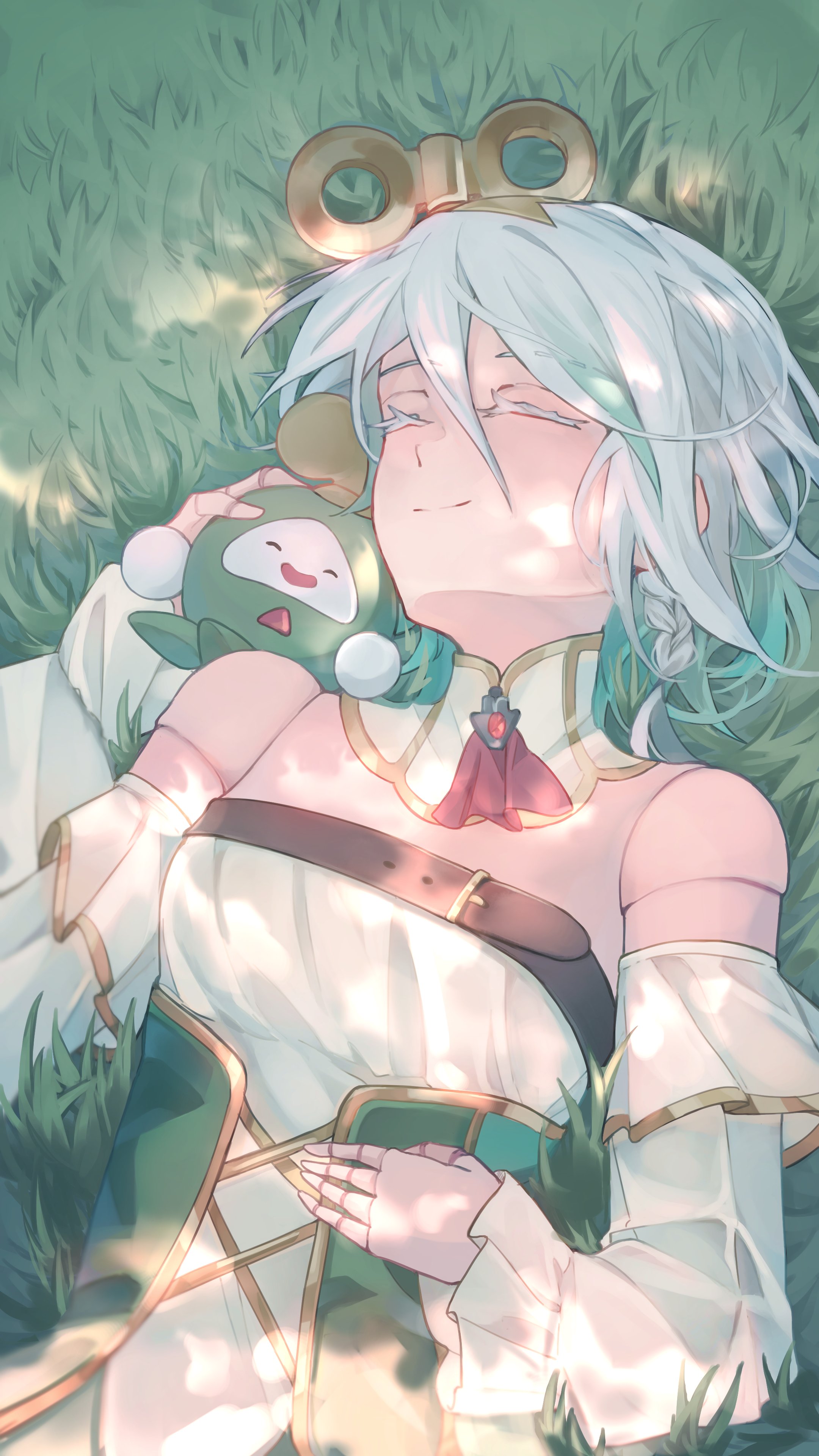 catricius, cecilia immergreen, cecilia immergreen (1st costume), otomo (cecilia immergreen), hololive, hololive english, absurdres, highres, 1girl, braid, closed eyes, detached collar, detached sleeves, doll joints, dress, grey hair, joints, lying, on back, on grass, side braid, smile, strapless, strapless dress, virtual youtuber, winding key
