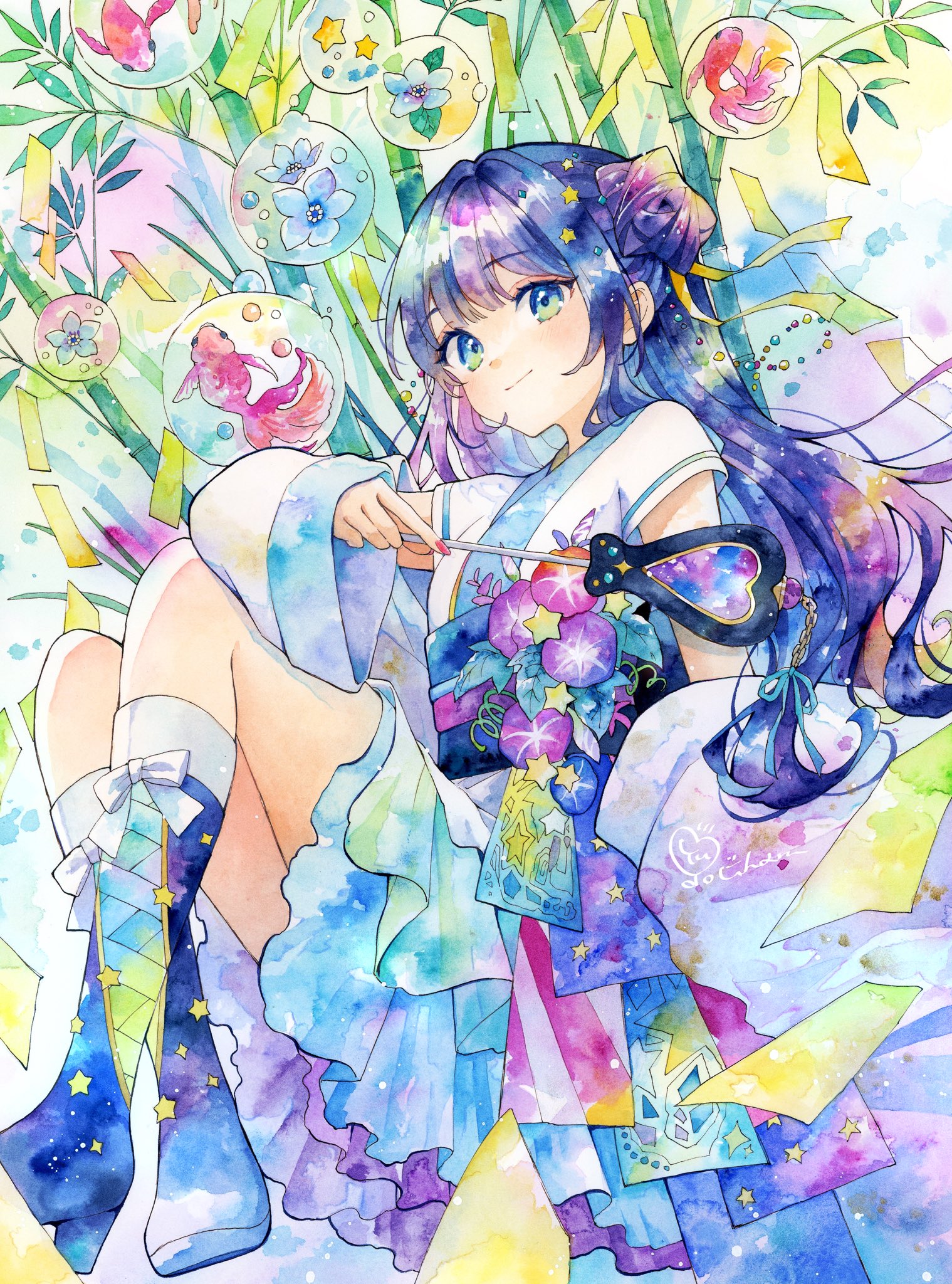 yuyuharu 1027, original, commentary, highres, painting (medium), traditional media, watercolor (medium), 1girl, bamboo, blue boots, blue eyes, blue hair, blue skirt, boots, closed mouth, detached sleeves, fish, flower, foot out of frame, frilled skirt, frills, goldfish, hair ornament, holding, holding wand, long hair, looking at viewer, miniskirt, ribbon, shirt, sitting, skirt, smile, solo, star (symbol), star hair ornament, wand, white ribbon, white shirt, white sleeves