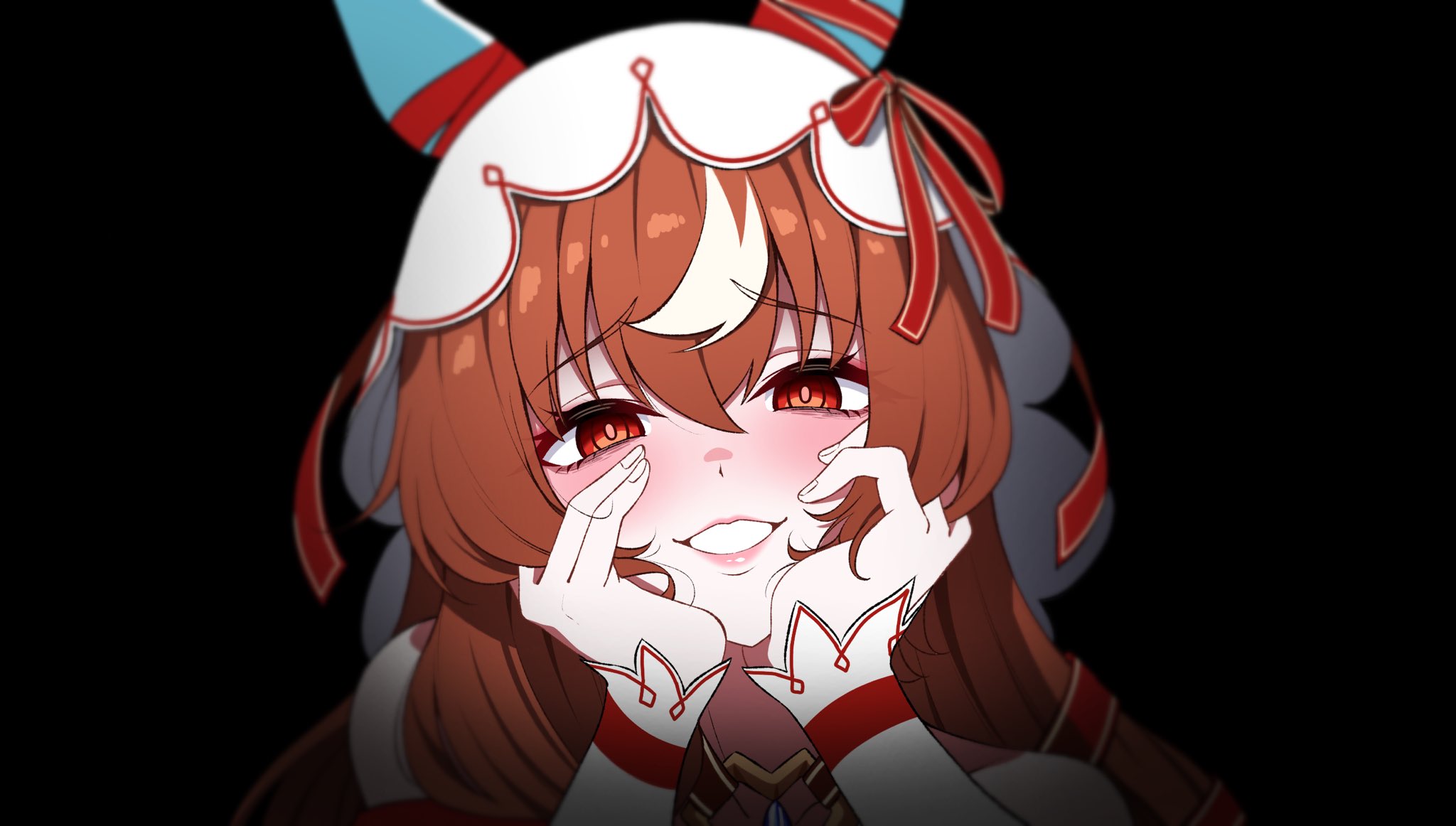 reia 76, still in love (umamusume), umamusume, highres, 1girl, animal ears, bare shoulders, blush, brown hair, grin, hair between eyes, hands on own face, horse ears, horse girl, long hair, looking at viewer, sidelocks, smile, solo, veil, white veil, yandere trance