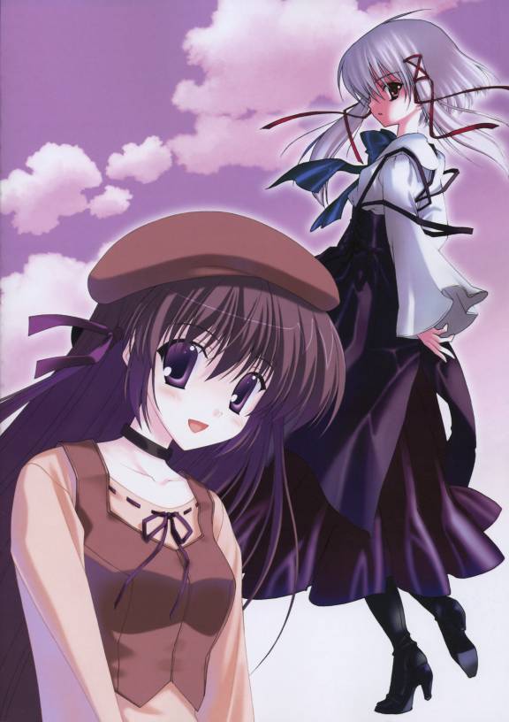 abeno chako, nanao naru, morimiya aono, shihou matsuri, sola, silver hair, 00s, 2girls, beret, black hair, blush, brown eyes, choker, cloud, hat, high heels, long hair, looking back, multiple girls, purple eyes, shoes