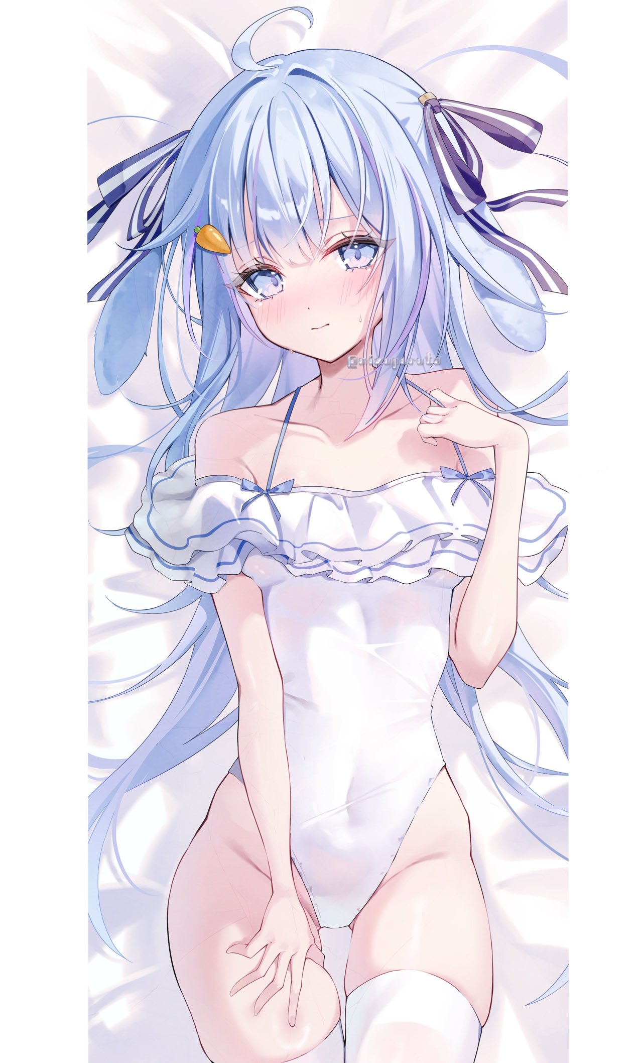 mizupuruta, original, highres, 1girl, bare shoulders, blue eyes, blue hair, blush, breasts, closed mouth, collarbone, covered navel, hair between eyes, hair ornament, hair ribbon, long hair, looking at viewer, lying, on back, one-piece swimsuit, ribbon, small breasts, smile, solo, swimsuit, thighhighs, white one-piece swimsuit, white thighhighs