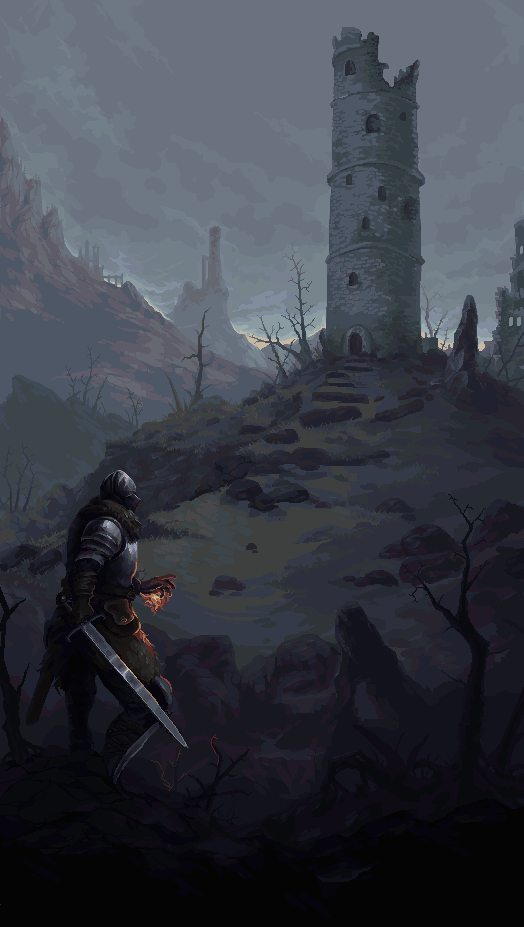 adam ferguson, original, 1other, armor, castle, cloud, cloudy sky, fire, fog, from behind, grass, helmet, holding, holding sword, holding weapon, knight, mountain, outdoors, pixel art, pyrokinesis, scenery, sky, sword, tree, weapon