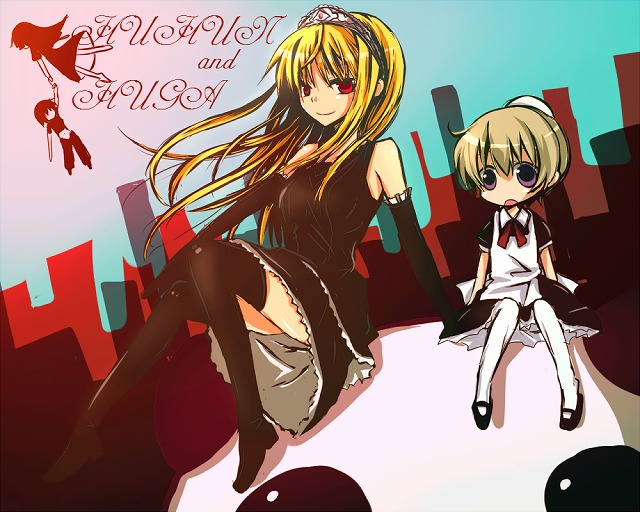 sakusakumonoka, flandre (kaibutsu oujo), hime (kaibutsu oujo), kamura reiri, riza wildman, kaibutsu oujo, 00s, 4girls, android, blonde hair, crown, dress, female focus, gloves, hat, maid, multiple girls, outdoors, red eyes, sitting, thighhighs, tiara, vampire, zettai ryouiki