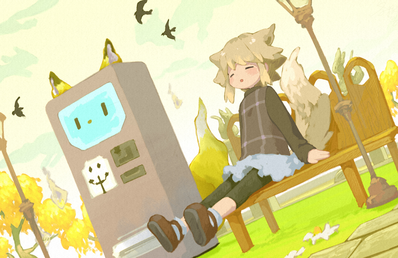 fuyuki eru, urotsuki, yume 2kki, highres, 1girl, animal ears, bird, black leggings, black sweater, blonde hair, brown shoes, brown sweater vest, closed eyes, crow, dutch angle, grey skirt, kemonomimi mode, lamppost, leggings, long sleeves, on bench, outdoors, parted lips, plaid clothes, plaid sweater vest, plaid vest, shoes, sidelocks, sitting, skirt, socks, solo, sweater, sweater vest, tail, vending machine, vest, white socks, wolf ears, wolf girl, wolf tail