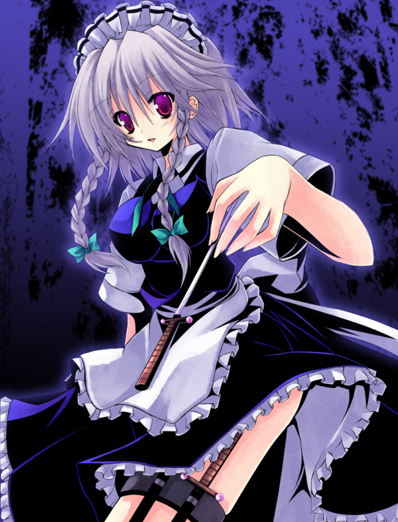 kannon ouji, izayoi sakuya, touhou, silver hair, 1girl, braid, dress, female focus, gradient background, knife, maid, maid headdress, solo, thigh strap, throwing knife, twin braids, weapon