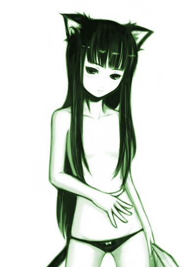 mamoru (arizona), original, 1girl, animal ears, cat ears, female focus, flat chest, green theme, lowleg, lowleg panties, monochrome, panties, solo, standing, topless female, underwear