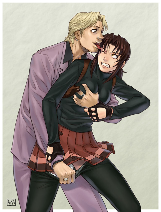 azasuke, chaka (black lagoon), revy (black lagoon), black lagoon, 00s, 1boy, 1girl, breasts, clothes pull, formal clothes, grabbing another's breast, groping, hetero, holster, large breasts, licking, miniskirt, molestation, pantyhose, pantyhose pull, rape, skirt, suit