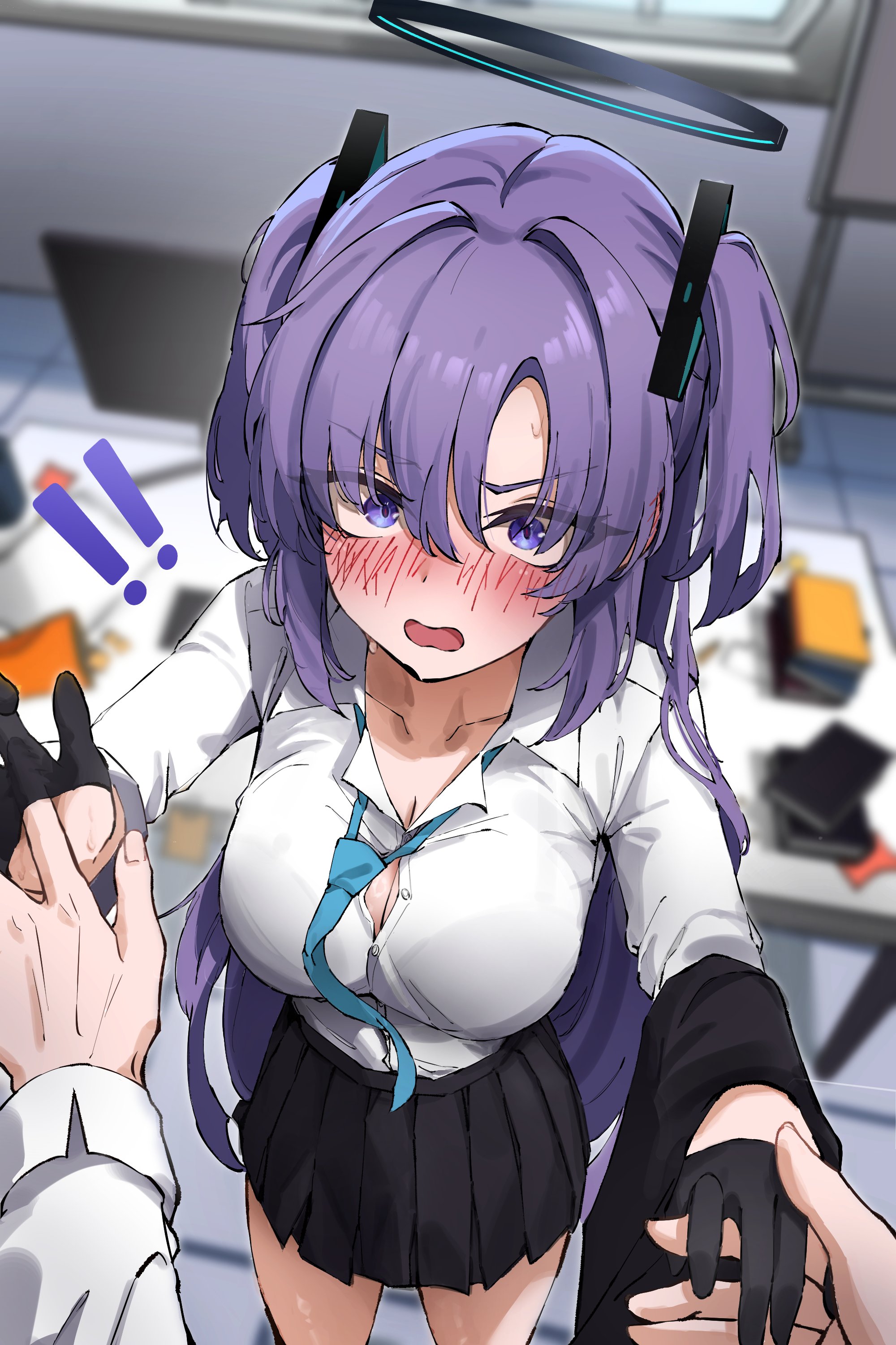 dote (askim72407017), sensei (blue archive), yuuka (blue archive), blue archive, absurdres, highres, !, !!, 1girl, black bra, black halo, blue eyes, blue necktie, blush, bra, bra visible through clothes, breasts, cleavage, halo, holding hands, indoors, large breasts, long hair, looking at viewer, mechanical halo, necktie, nose blush, partially unbuttoned, pov, purple eyes, purple hair, shirt, skirt, solo, table, two side up, underwear, white shirt