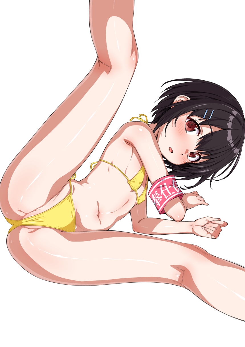 tsukimoto kizuki, original, highres, 1girl, armband, bikini, black hair, blush, breasts, brown eyes, cameltoe, covered erect nipples, looking at viewer, medium hair, navel, partially visible vulva, simple background, small breasts, solo, spread legs, swimsuit, white background, yellow bikini