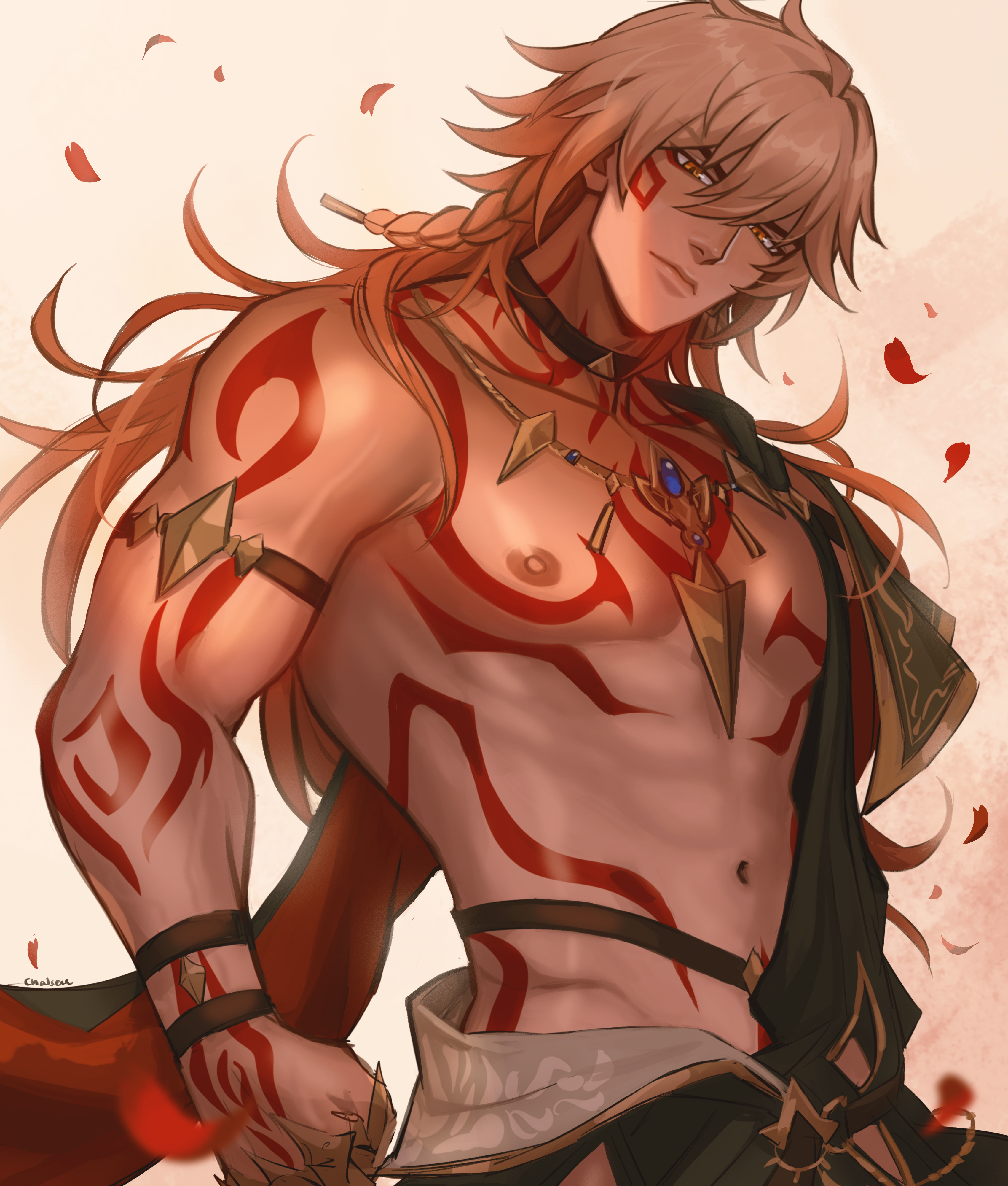 chalseu, mydei (honkai: star rail), honkai: star rail, honkai (series), absurdres, highres, 1boy, arm strap, arm tattoo, artist name, black choker, blonde hair, chest tattoo, choker, closed mouth, collarbone, facial tattoo, gold necklace, gradient hair, hair between eyes, jewelry, long hair, male focus, multicolored hair, navel, neck tattoo, necklace, nipples, pectorals, red tattoo, shoulder tattoo, solo, tattoo, toned, toned male, upper body, yellow eyes