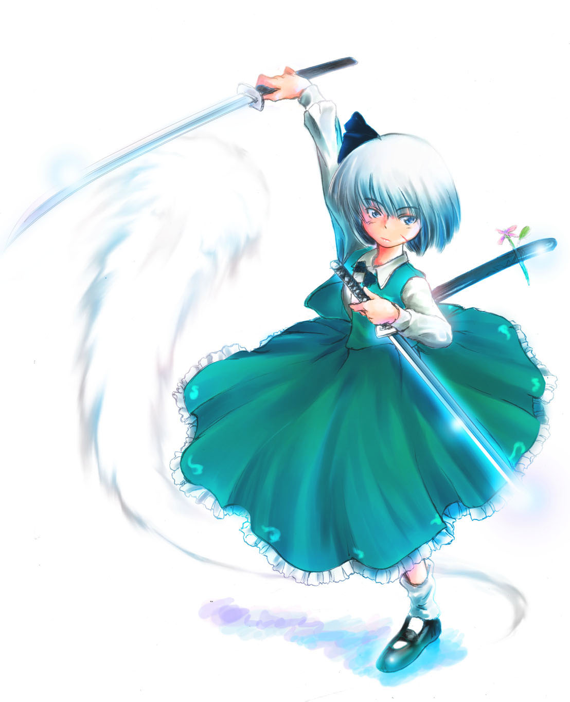 asuima, konpaku youmu, konpaku youmu (ghost), touhou, highres, 1girl, female focus, hitodama, katana, solo, sword, weapon