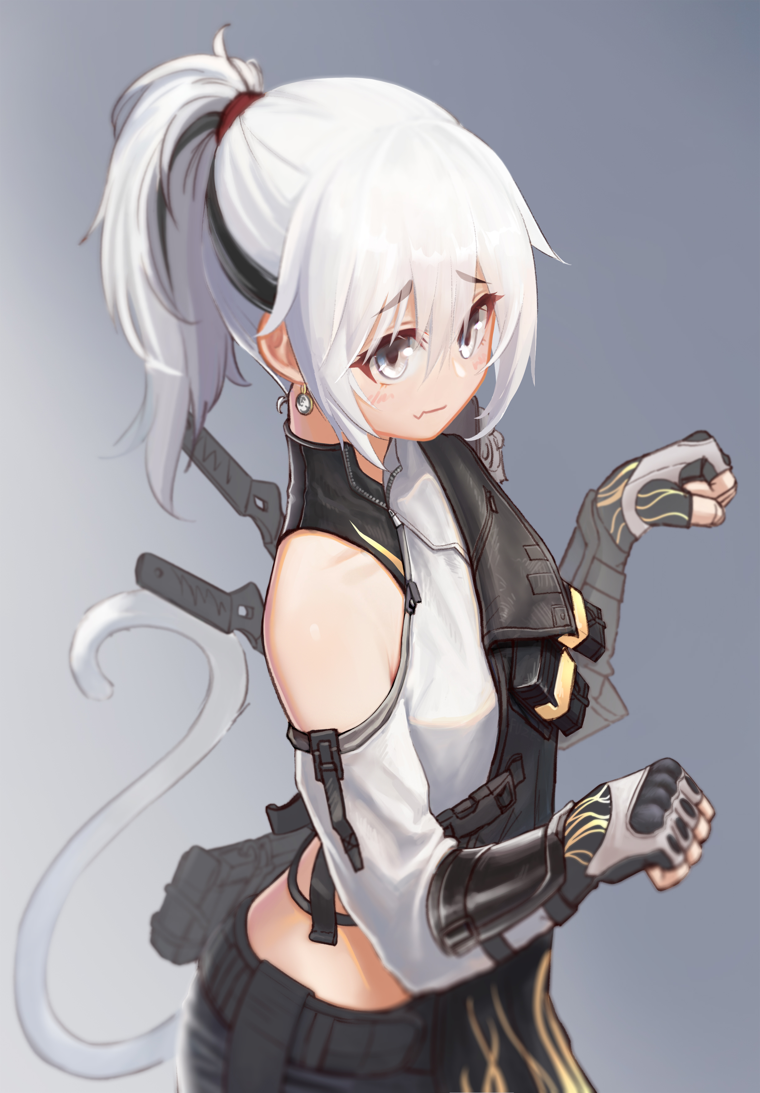 xiaowen mai (delta force), delta force (video game), absurdres, highres, 1girl, ammunition pouch, bare shoulders, black gloves, black hair, blush, buckle, cat girl, cat tail, earrings, fingerless gloves, from side, frown, gauntlets, gloves, gradient background, grey background, grey eyes, hair between eyes, hair tie, high ponytail, jewelry, knife, load bearing vest, multicolored hair, over shoulder, ponytail, pouch, pout, raised fist, red hair tie, sheath, sheathed, sidelocks, simple background, solo, strap, streaked hair, tail, throwing knife, upper body, vest, weapon, white hair, white tail, white vest, ykl946