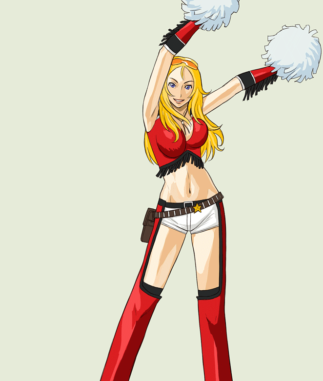 azasuke, starr, elite beat agents, osu! tatakae! ouendan, animated, animated gif, 1girl, belt, blonde hair, bouncing breasts, breasts, chaps, cheerleader, dancing, female focus, fringe trim, pom pom (cheerleading), shorts, solo