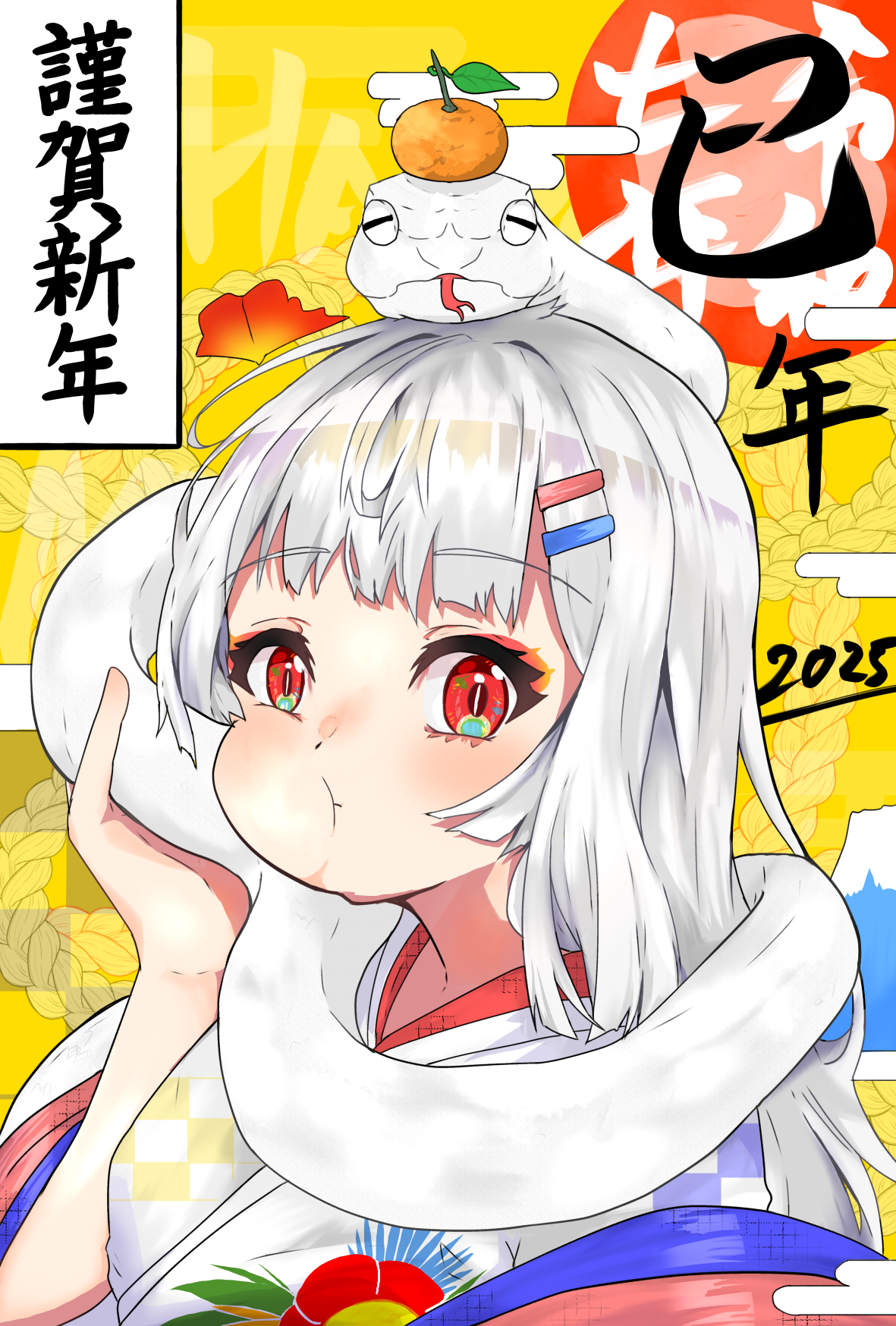 original, commentary request, highres, translation request, 1girl, 2025, chinese zodiac, food, fruit, hair ornament, hairclip, japanese clothes, kimono, long hair, looking at viewer, orange (fruit), red eyes, snake, solo, thick eyelashes, user zzgw5845, white hair, white snake, year of the snake, yellow background