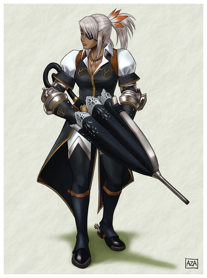 azasuke, capcom, monster hunter (series), character request, 1girl, dark-skinned female, dark skin, eyepatch, female focus, grey hair, ponytail, solo