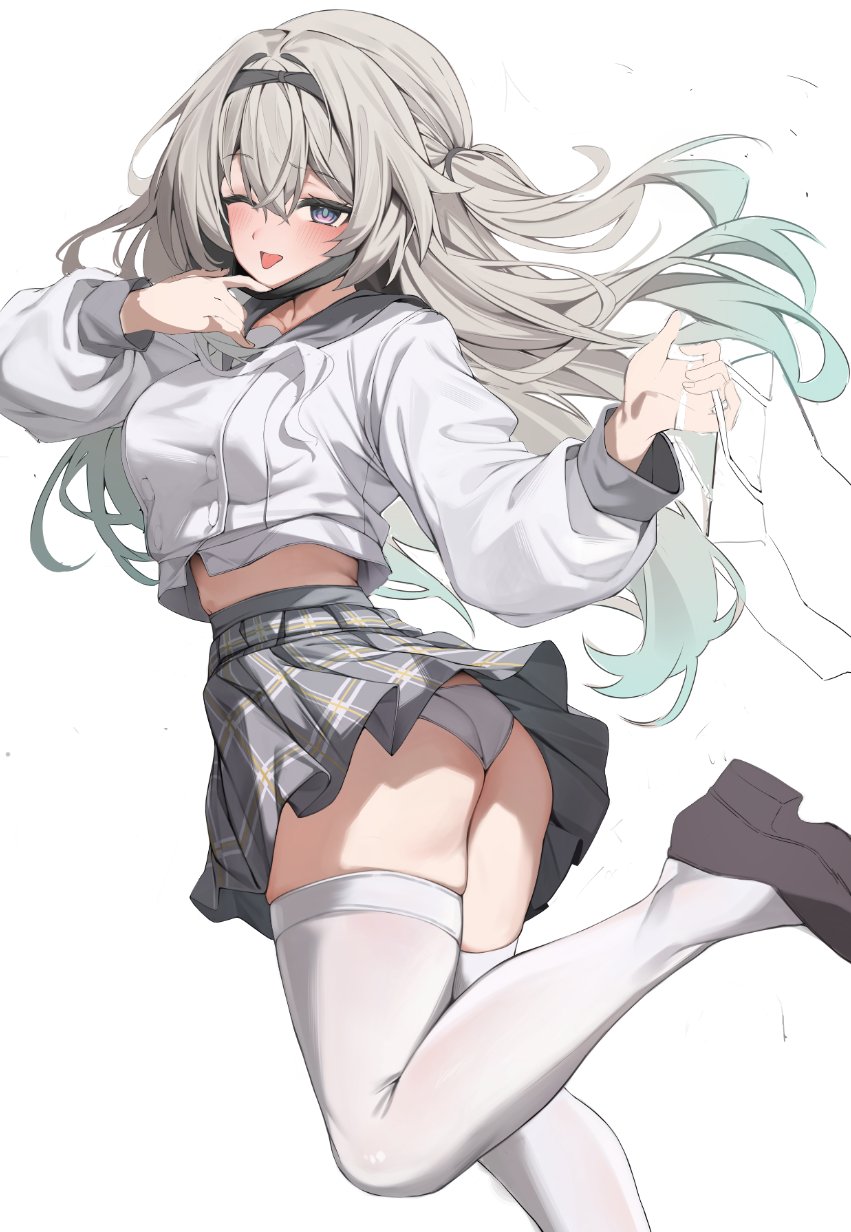 kiro (kirotayu), firefly (honkai: star rail), firefly (spring missive) (honkai: star rail), honkai: star rail, honkai (series), highres, 1girl, ass, bag, black hairband, blue pupils, blush, breasts, gradient eyes, grey hair, grey sailor collar, grey skirt, hairband, holding, holding bag, leg up, long hair, long sleeves, looking at viewer, mask, medium breasts, multicolored eyes, one eye closed, panties, plaid clothes, pulling, sailor collar, school uniform, serafuku, shirt, shoes, skindentation, skirt, smile, solo, thighhighs, tongue, underwear, white background, white panties, white shirt, white thighhighs