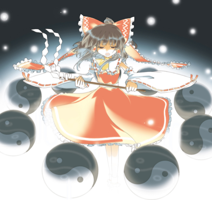 hiyorimi, hakurei reimu, touhou, 1girl, female focus, gohei, gradient background, solo, white background, yin yang