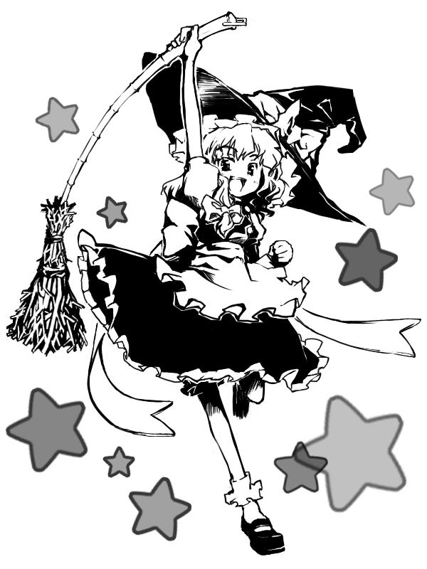 hiyorimi, kirisame marisa, touhou, 1girl, broom, dress, female focus, full body, greyscale, hat, monochrome, simple background, solo, white background, witch, witch hat