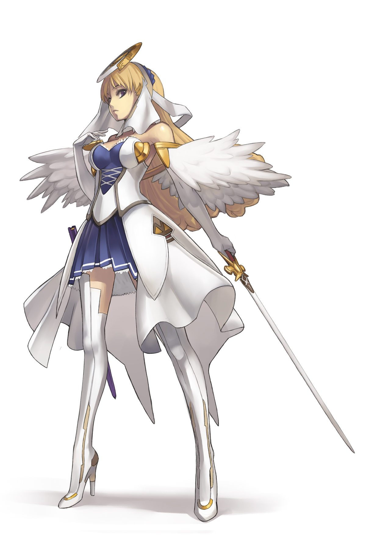 nagi ryou, chroche latel pastalie, ar tonelico, ar tonelico ii, gust, highres, official art, 00s, 1girl, bare shoulders, blonde hair, female focus, high heels, purple eyes, shoes, solo, sword, thighhighs, weapon