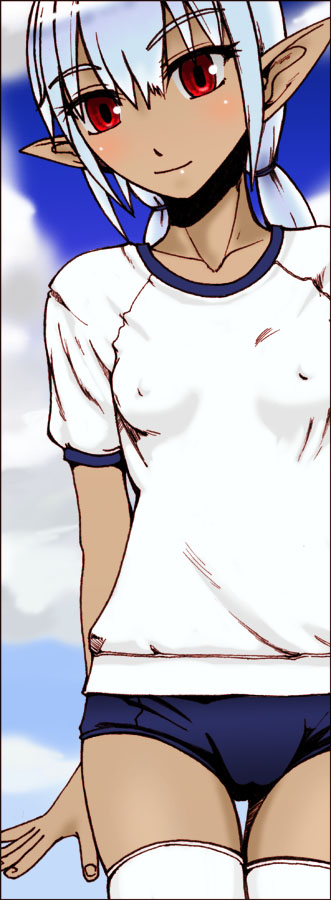 yamamoto canponi, original, blush, buruma, covered erect nipples, dark-skinned female, dark skin, flat chest, gym uniform, pointy ears, solo, thighhighs