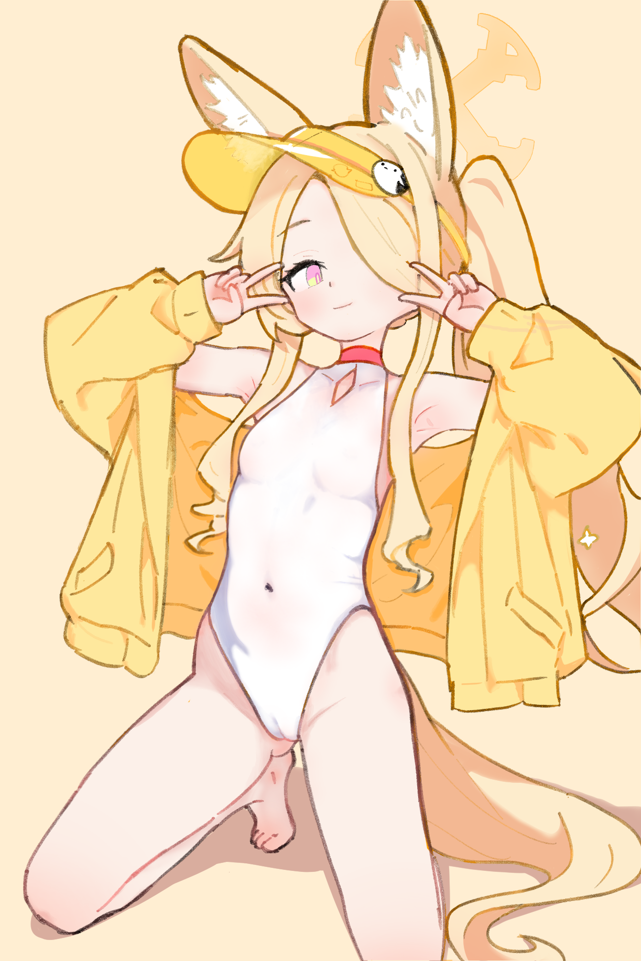 mr235, seia (blue archive), seia (swimsuit) (blue archive), blue archive, highres, 1girl, animal ear fluff, animal ears, armpits, bare shoulders, barefoot, blonde hair, breasts, cameltoe, closed mouth, covered navel, double v, hair over one eye, halo, jacket, kneeling, long hair, looking at viewer, one-piece swimsuit, pink eyes, shadow, side ponytail, simple background, small breasts, smile, solo, swimsuit, tail, toes, v, visor cap, white one-piece swimsuit, yellow background, yellow jacket
