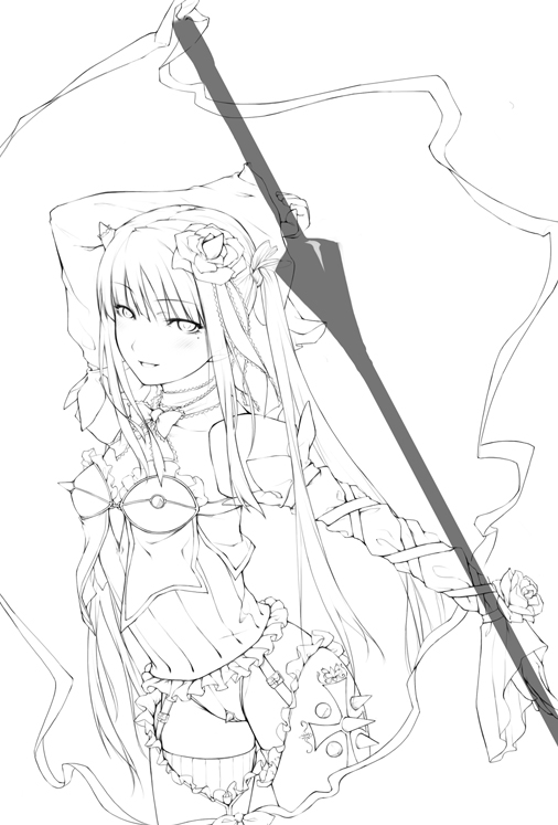 ooji, original, 1girl, dress, fantasy, female focus, greyscale, holding, holding weapon, lance, long hair, looking at viewer, monochrome, polearm, simple background, solo, spear, weapon, white background