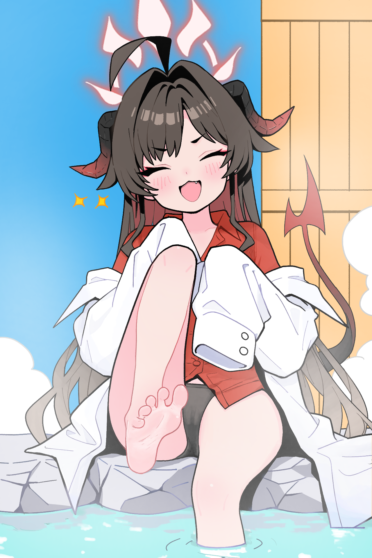 mr235, kasumi (blue archive), blue archive, highres, 1girl, :3, ahoge, black hair, black panties, blush, closed eyes, collared shirt, colored inner hair, facing viewer, fang, hair intakes, halo, horns, lab coat, leg up, long hair, long sleeves, multicolored hair, no pants, open mouth, panties, red shirt, shirt, sitting, smile, soaking feet, solo, sparkle, tail, toes, underwear, water