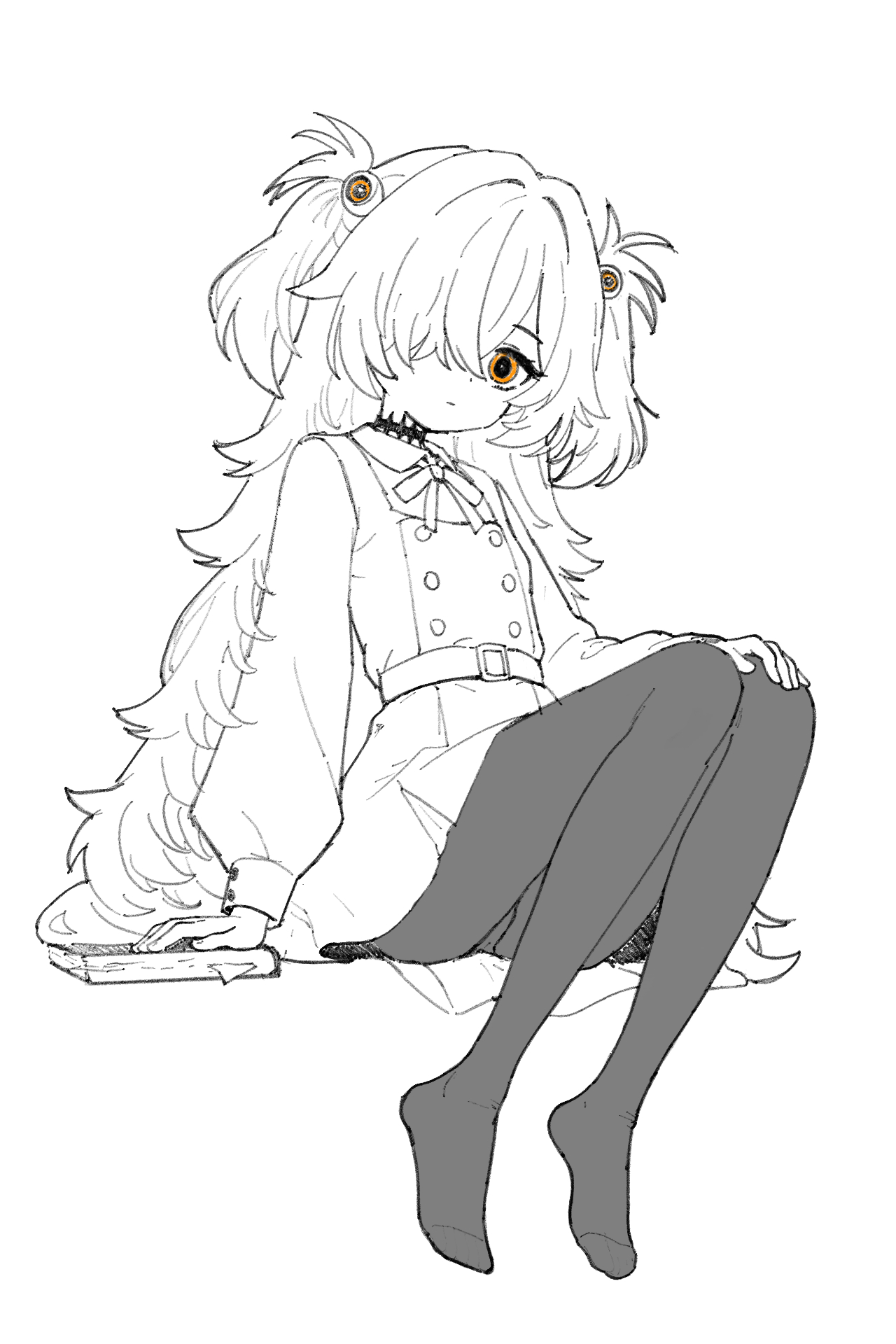 mr235, kanoe (blue archive), blue archive, highres, 1girl, belt, book, bow, bowtie, closed mouth, collared shirt, dress, eyeball hair ornament, flat chest, full body, greyscale, hair over one eye, invisible chair, long hair, long sleeves, looking at viewer, monochrome, orange eyes, pantyhose, pinafore dress, shirt, sitting, sleeveless, sleeveless dress, solo, spot color, two side up
