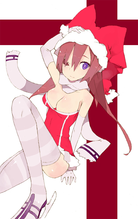 brws, original, 1girl, christmas, elbow gloves, female focus, gloves, hat, jester cap, solo, thighhighs