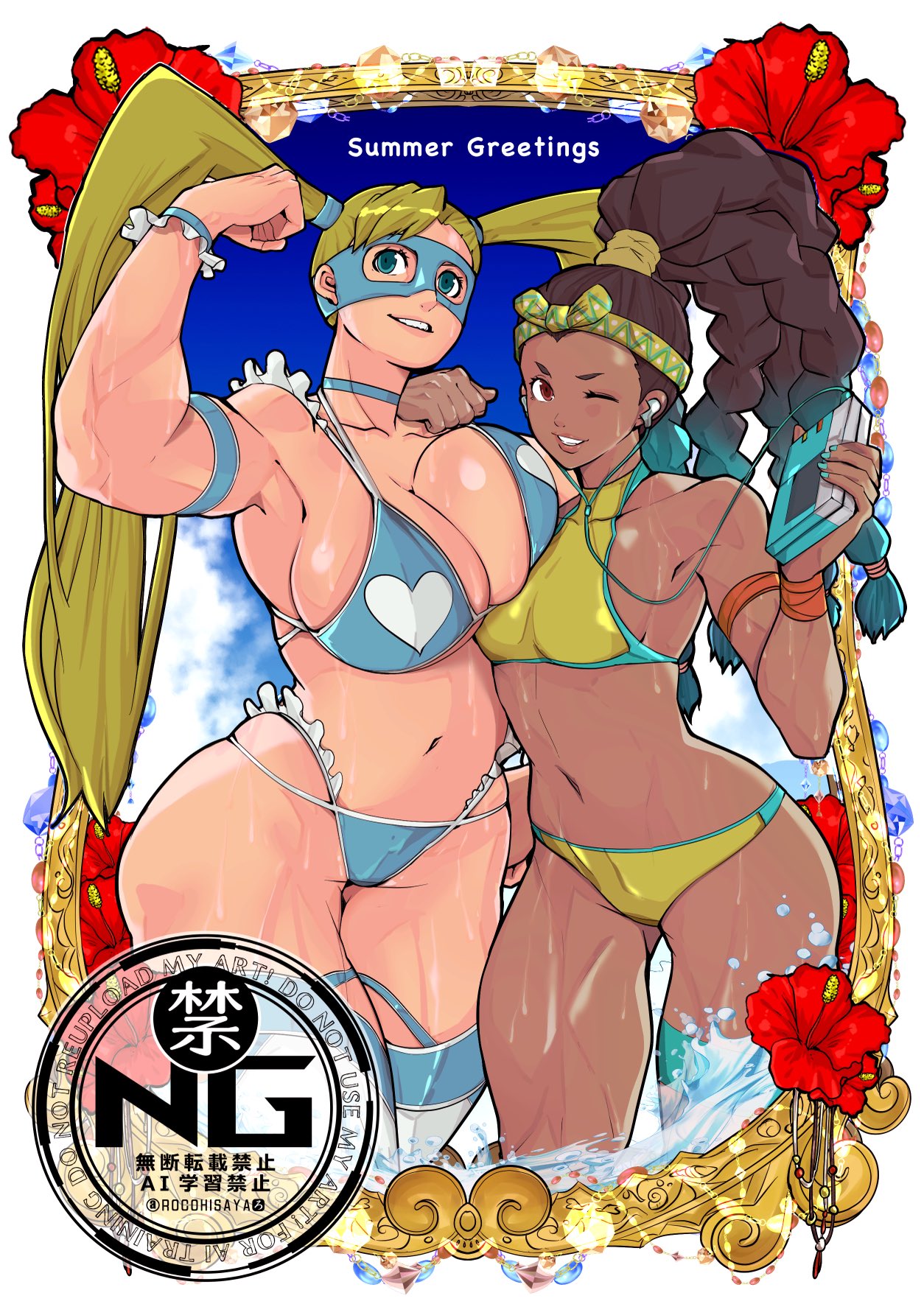 rocohisaya, kimberly jackson, rainbow mika, capcom, street fighter, 2girls, bikini, multiple girls, swimsuit