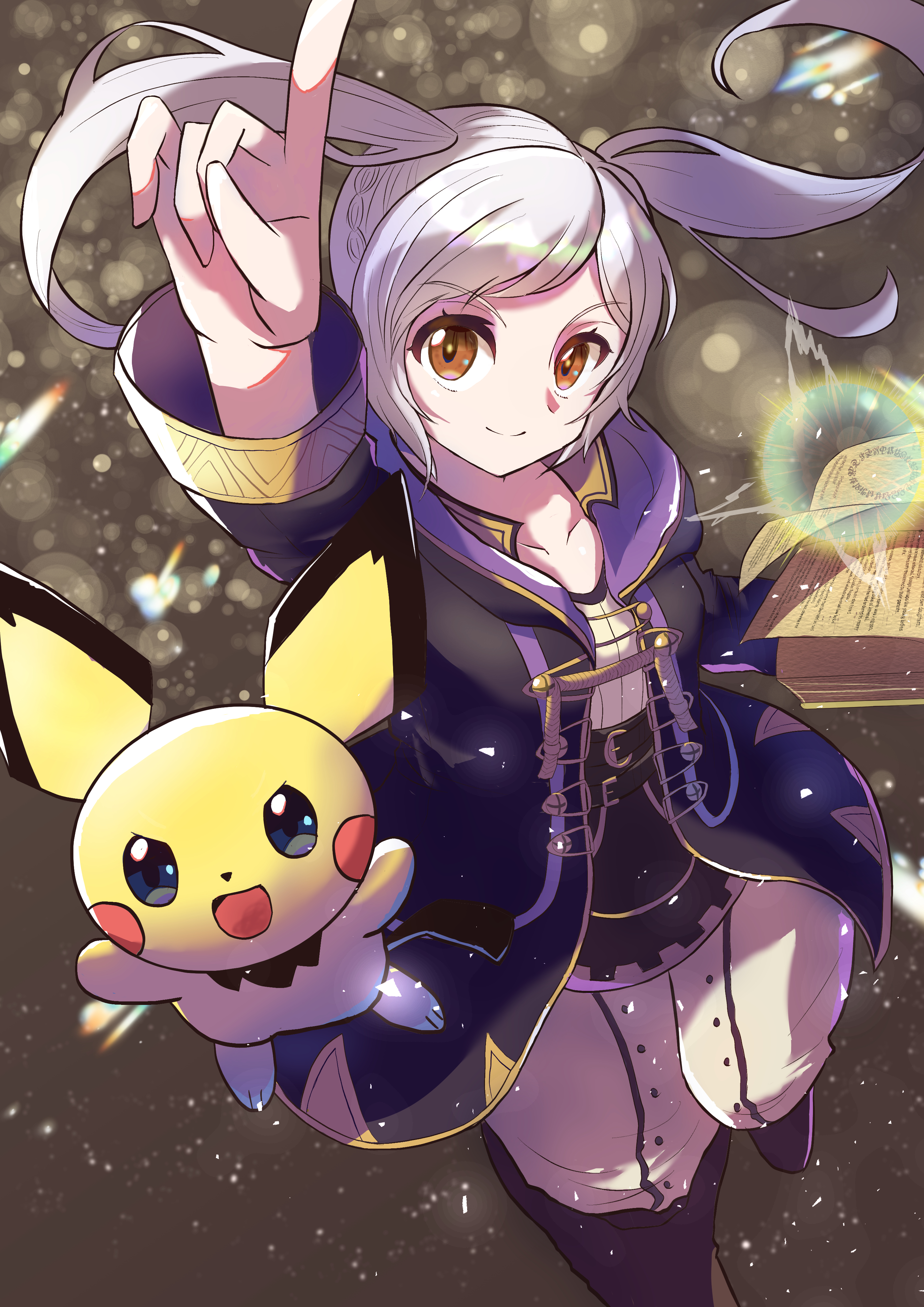 norimaki (nrmk norinori), female robin (fire emblem), pichu, fire emblem, fire emblem awakening, nintendo, pokemon, super smash bros., absurdres, commentary request, highres, 1girl, 1other, black coat, blue eyes, book, brown eyes, closed mouth, coat, collarbone, crossover, disembodied hand, full body, gen 2 pokemon, holding, holding book, hood, hood down, hooded coat, looking at viewer, medium hair, open clothes, open coat, open mouth, pants, pointing, pointing up, pokemon (creature), purple coat, smile, twintails, white hair, white pants