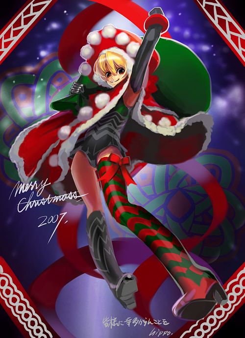original, multicolored clothes, 1girl, black boots, blonde hair, bodysuit, boots, brown eyes, christmas, dress, female focus, leotard, looking at viewer, multicolored boots, pom pom (clothes), red dress, sack, santa costume, single thighhigh, solo, striped clothes, striped thighhighs, thigh boots, thighhighs