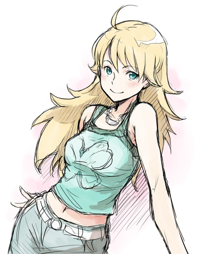 minato fumi, hoshii miki, idolmaster, idolmaster (classic), idolmaster 1, lowres, 00s, 1girl, ahoge, arm support, blonde hair, blue eyes, female focus, green shirt, long hair, looking at viewer, midriff, shirt, sketch, smile, solo