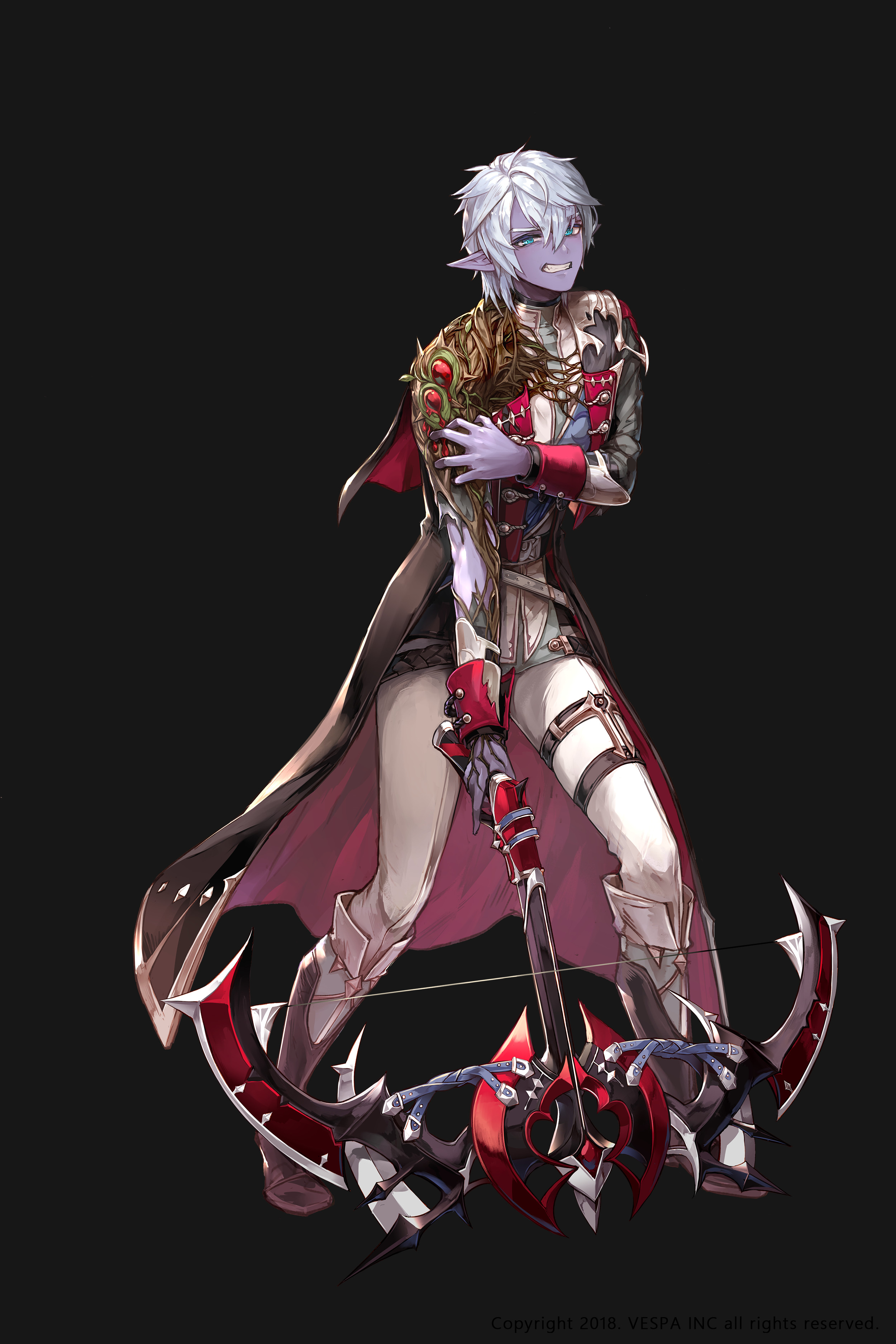 king's raid, absurdres, commentary, english commentary, highres, official art, 1boy, black capelet, black coat, bleeding, blood, blue eyes, blue sash, boots, bow (weapon), bracer, brown boots, capelet, clenched teeth, coat, colored skin, corruption, crossbow, dark elf, dimael (king's raid), elf, full body, green shirt, holding, holding crossbow, holding weapon, ji yu lee, long coat, medium hair, official alternate costume, pain, pants, pointy ears, purple skin, red capelet, red coat, sash, shirt, solo, teeth, thigh strap, torn clothes, torn sleeves, two-sided capelet, two-sided coat, two-sided fabric, weapon, white hair, white pants, white shirt