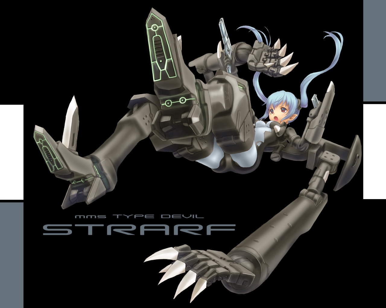 sabamu, strarf, busou shinki, silver hair, 10s, 1girl, :o, armor, armored boots, black background, black bodysuit, blue hair, bodysuit, boots, falling, female focus, full body, long hair, machinery, mecha musume, open mouth, pointy ears, simple background, solo, thigh boots, thighhighs, twintails