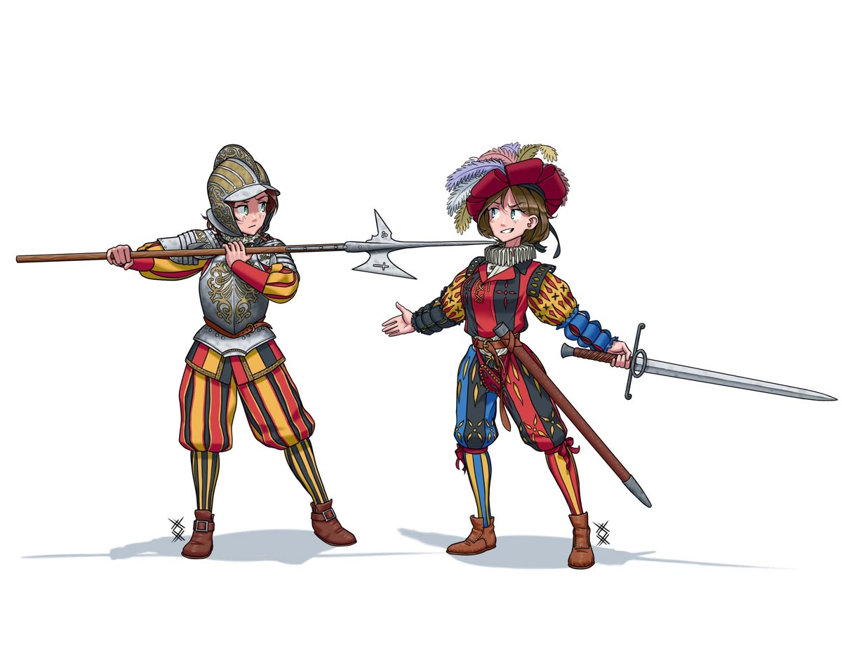 ostwindprojekt, non-web source, 2girls, armor, beret, brown hair, closed mouth, german text, green eyes, halberd, hat, helmet, holding, holding sword, holding weapon, landsknecht, leather belt, looking to the side, medieval, mercenary, multiple girls, neck ruff, open hand, parted bangs, plate armor, polearm, scabbard, sheath, shoulder armor, sneer, swiss guard, sword, taunting, threat, two-handed, weapon, white background