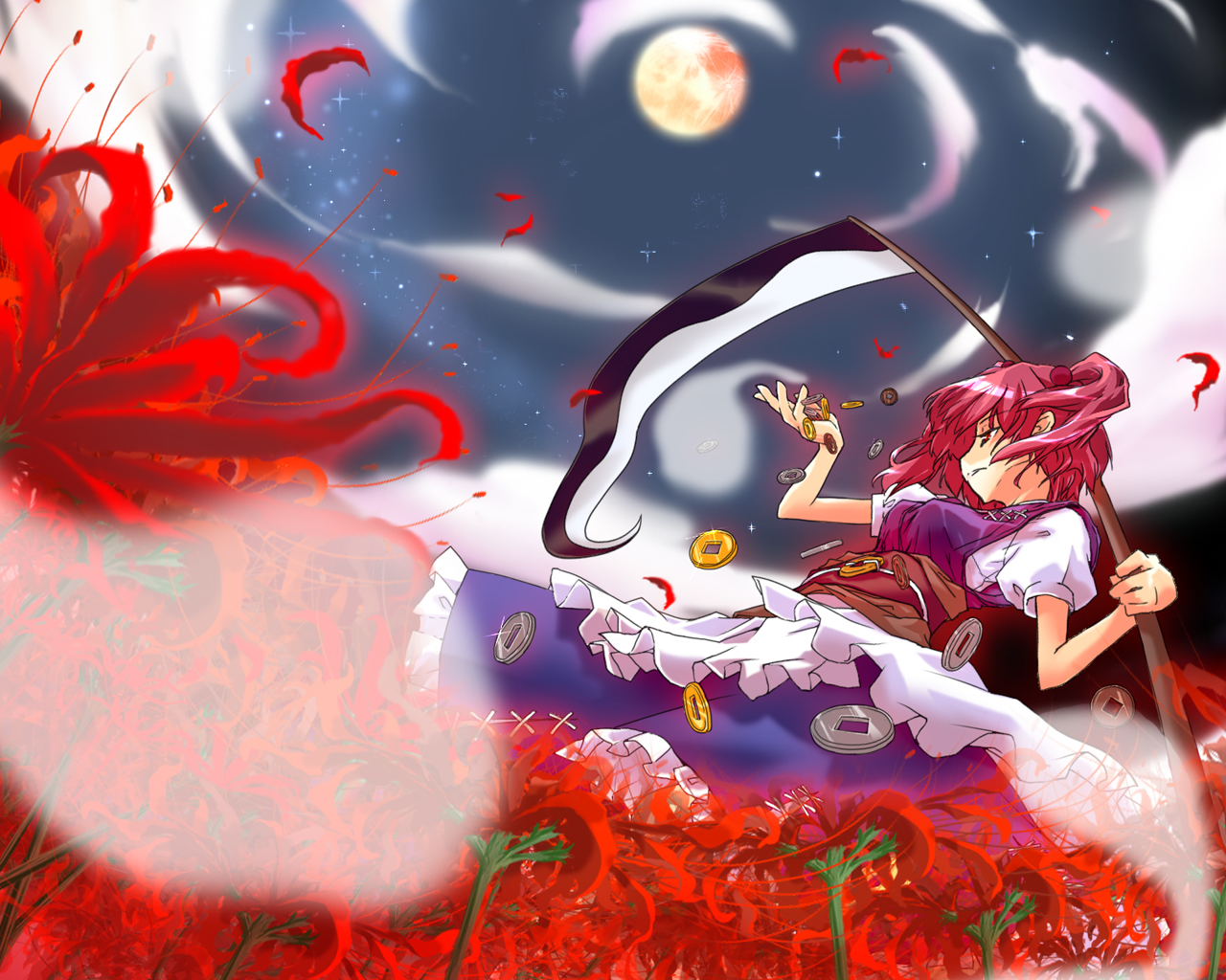 hiyorimi, onozuka komachi, touhou, 1girl, breasts, cloud, coin, dress, female focus, field, flower, flower field, frilled skirt, frills, hair bobbles, hair ornament, hitodama, moon, nature, night, night sky, outdoors, over shoulder, plant, puffy short sleeves, puffy sleeves, red flower, red hair, sash, scythe, shirt, short sleeves, short twintails, skirt, skirt set, sky, solo, spider lily, star (sky), twintails, weapon, weapon over shoulder, white shirt