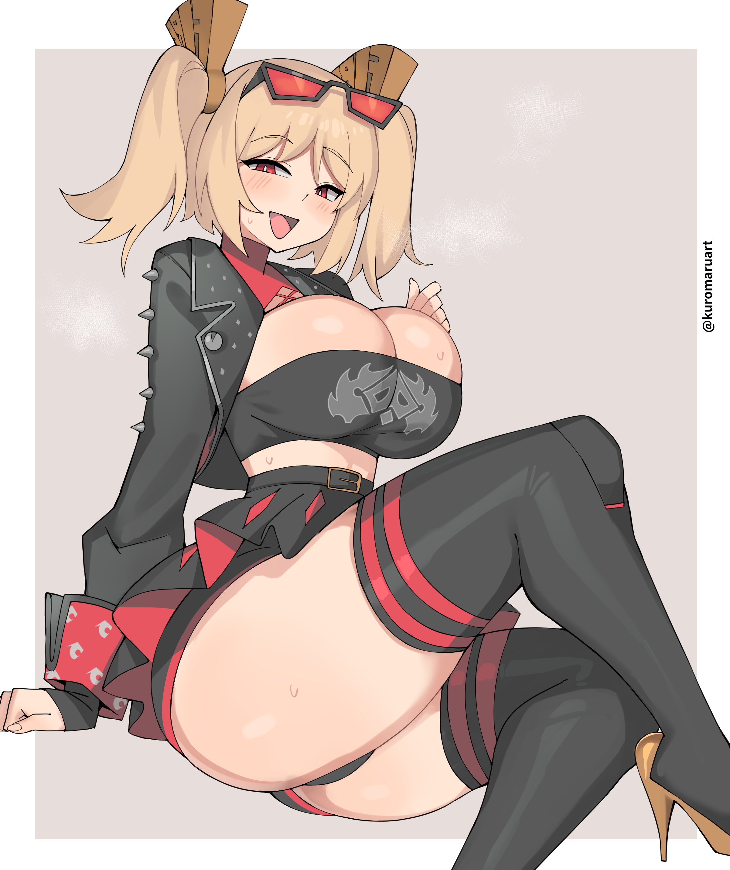 kuromaruart, burnice white, mihoyo, zenless zone zero, 1girl, arm at side, artist name, black-framed eyewear, black jacket, black shorts, black skirt, black thighhighs, black tube top, blonde hair, blush, breasts, cropped jacket, dot nose, eyebrows hidden by hair, feet out of frame, female focus, fingernails, grey background, hand up, high heels, huge breasts, jacket, knee up, leather, leather jacket, looking at viewer, medium hair, midriff, miniskirt, multicolored jacket, naughty face, open clothes, open jacket, open mouth, red-tinted eyewear, red eyes, red jacket, red shorts, red skirt, shoes, shorts, shorts under skirt, sitting, skirt, smile, solo, strapless, sunglasses on head, thick thighs, thighhighs, thighs, tinted eyewear, tube top, twintails, two-tone background, two-tone jacket, two-tone shorts, two-tone skirt, white background, yellow shoes