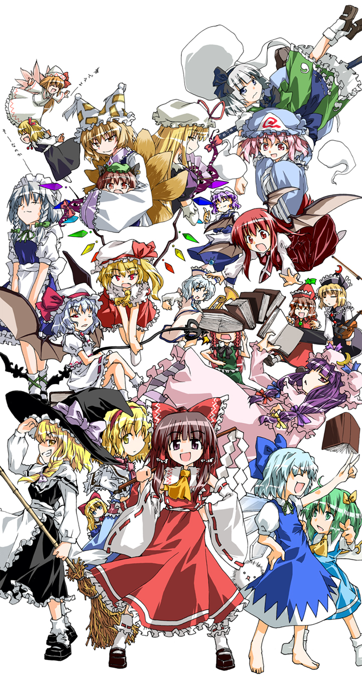 hiyorimi, alice margatroid, chen, cirno, daiyousei, flandre scarlet, hakurei reimu, hong meiling, izayoi sakuya, kirisame marisa, koakuma, konpaku youmu, konpaku youmu (ghost), letty whiterock, lily white, lunasa prismriver, lyrica prismriver, merlin prismriver, patchouli knowledge, remilia scarlet, rumia, saigyouji yuyuko, shanghai doll, yakumo ran, yakumo yukari, touhou, highres, 6+girls, animal hat, blonde hair, closed eyes, detached sleeves, female focus, gap (touhou), hat, long sleeves, mob cap, multiple girls, open mouth, red eyes, shoes, short sleeves, socks, tassel, wide sleeves, wings, witch hat