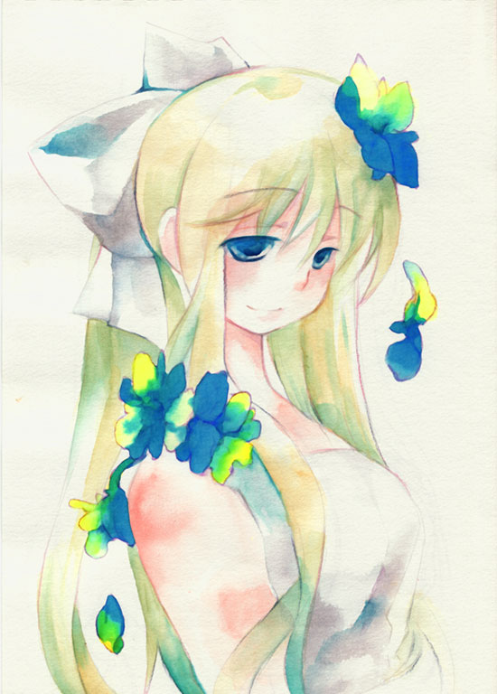 misaki kozue, kamio misuzu, air (visual novel), eyebrows, painting (medium), traditional media, watercolor (medium), 00s, 1girl, bare shoulders, blonde hair, blue eyes, blush, collarbone, female focus, flower, hair flower, hair ornament, looking down, simple background, solo, white background