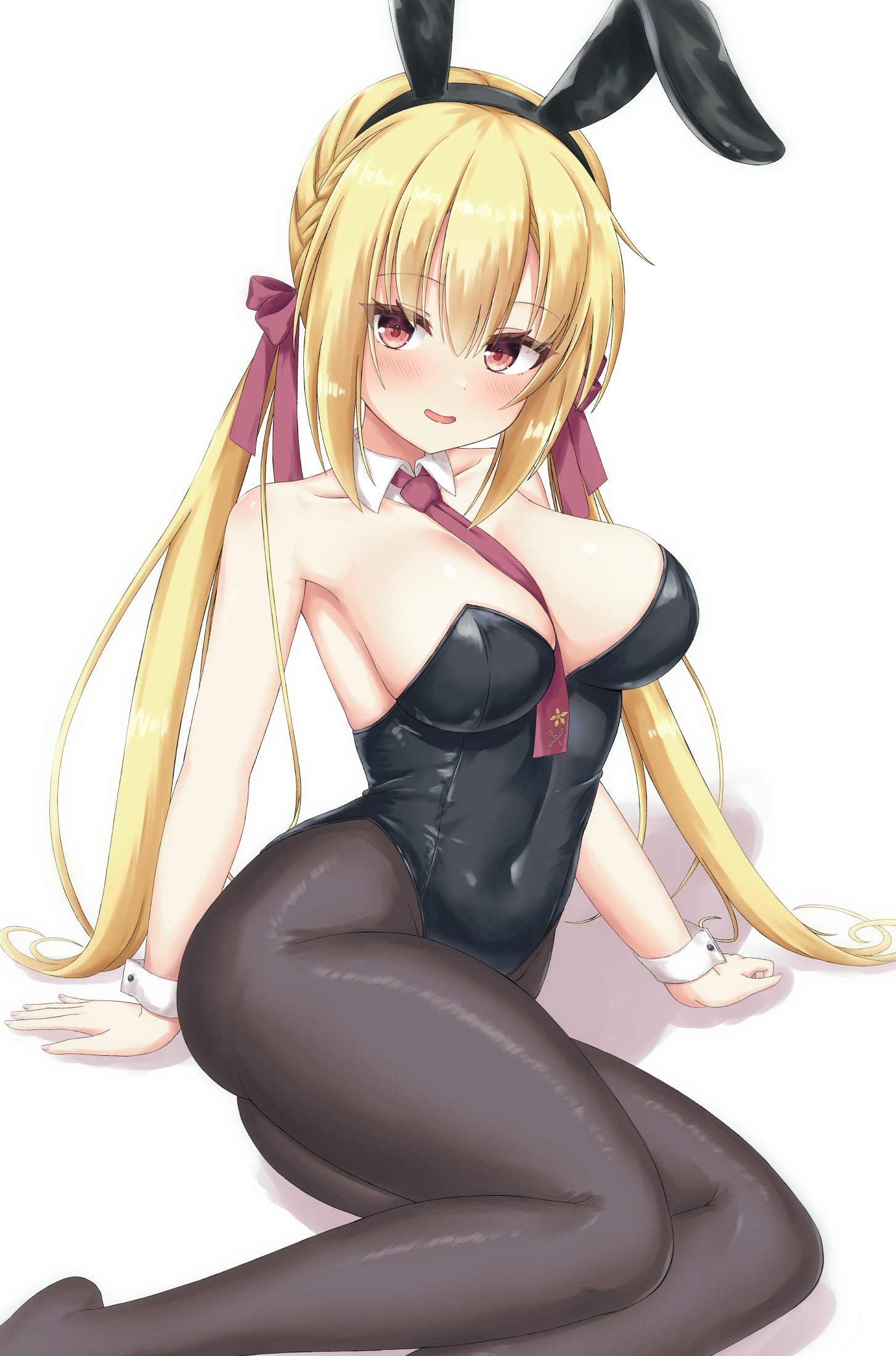yuunagi (yunagi1373), arihara nanami, riddle joker, commentary, highres, 1girl, alternate costume, animal ear hairband, animal ears, arm support, bare shoulders, between breasts, black hairband, black leotard, black pantyhose, blonde hair, blush, bow, braid, breasts, cleavage, collarbone, covered navel, curvy, detached collar, eyelashes, fake animal ears, feet out of frame, hair between eyes, hair bow, hair ribbon, hairband, highleg, highleg leotard, large breasts, legs, leotard, long hair, looking at viewer, low twintails, necktie, necktie between breasts, no shoes, open mouth, pantyhose, playboy bunny, rabbit ears, red bow, red eyes, red necktie, red ribbon, ribbon, side braid, sidelocks, simple background, sitting, smile, solo, straight hair, strapless, strapless leotard, thighs, tsurime, twintails, very long hair, white background, white wrist cuffs, wrist cuffs, yokozuwari