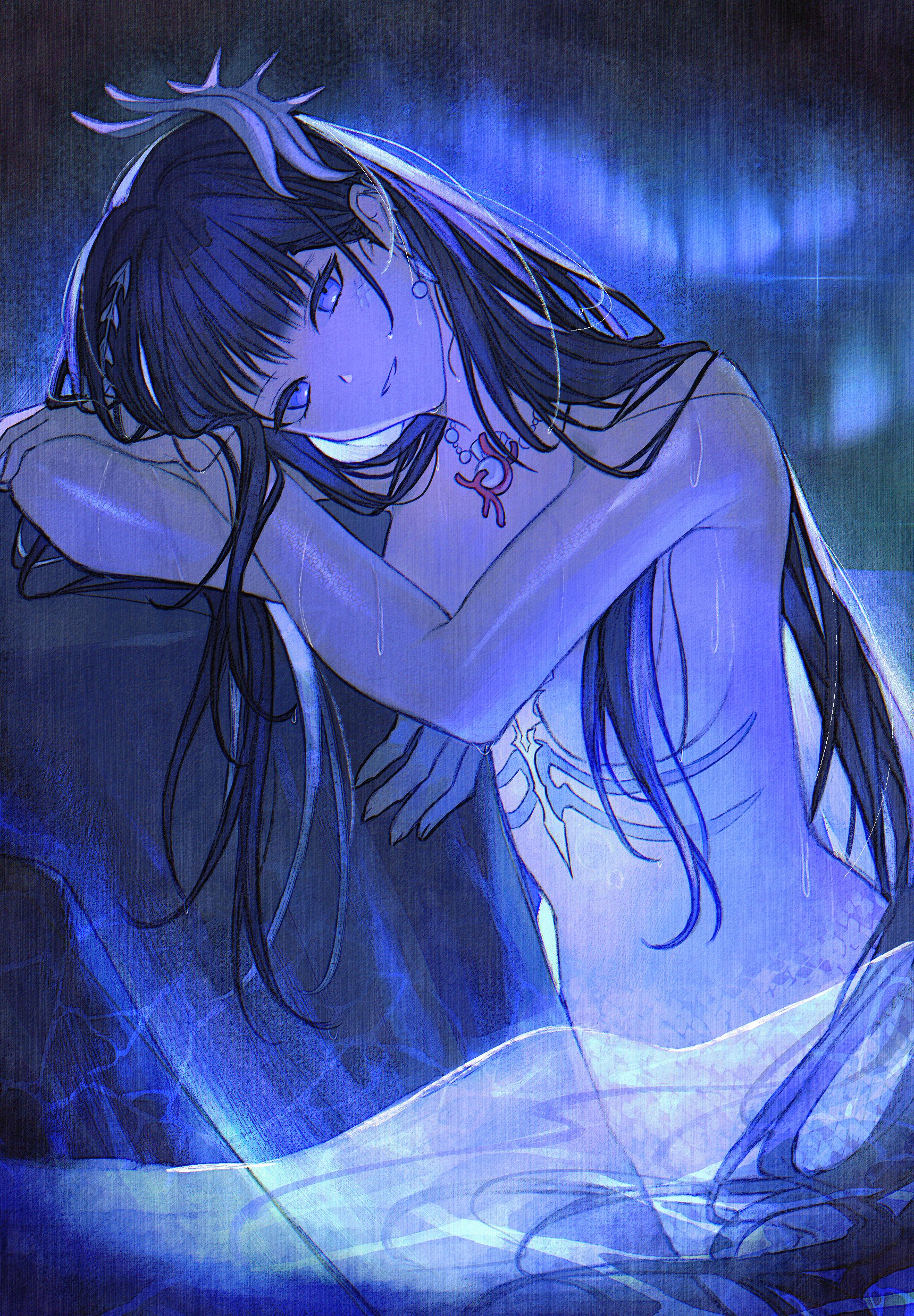 ikasuyosei, hysilens (honkai: star rail), honkai: star rail, honkai (series), absurdres, commentary request, highres, 1girl, black hair, blue eyes, breasts, earrings, hair censor, hair ornament, jewelry, large breasts, long hair, necklace, nude, partially submerged, pearl necklace, rock, stomach, very long hair, water, wet