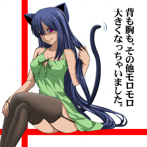 furude rika, higurashi no naku koro ni, lowres, translation request, 00s, 1girl, aged up, animal ears, blue hair, cat ears, cat tail, dress, female focus, green dress, green skirt, long hair, purple eyes, skirt, solo, tail, thighhighs