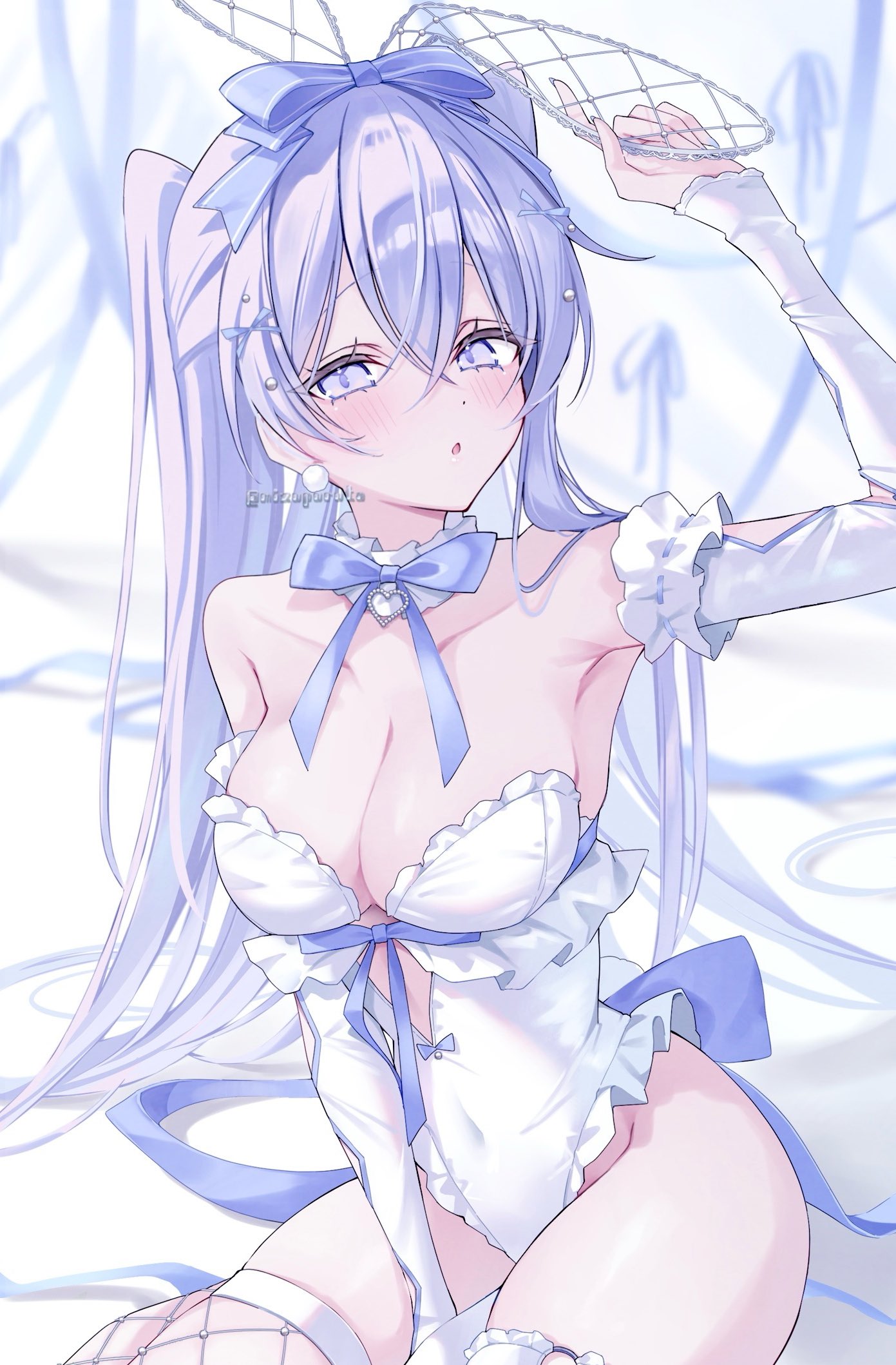 mizupuruta, original, commentary, highres, symbol-only commentary, 1girl, animal ears, bare shoulders, blue bow, blue ribbon, blush, bow, breasts, choker, cleavage, clothing cutout, detached collar, detached sleeves, earrings, fake animal ears, fishnet thighhighs, fishnets, hair between eyes, hair bow, hair ornament, jewelry, large breasts, leotard, long hair, long sleeves, looking at viewer, parted lips, playboy bunny, purple eyes, purple hair, rabbit ears, ribbon, sitting, solo, thighhighs, white leotard
