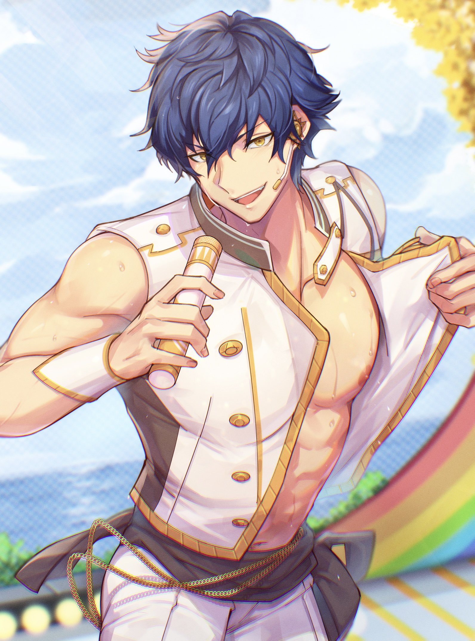 akadashipopo, sazanami jun, ensemble stars!, commentary request, highres, 1boy, blue hair, collarbone, cowboy shot, fingernails, hair between eyes, holding, looking at viewer, male focus, nipples, open mouth, opened by self, pants, pectorals, short hair, sleeveless, smile, solo, sweat, teeth, tongue, upper teeth only, white pants, yellow eyes