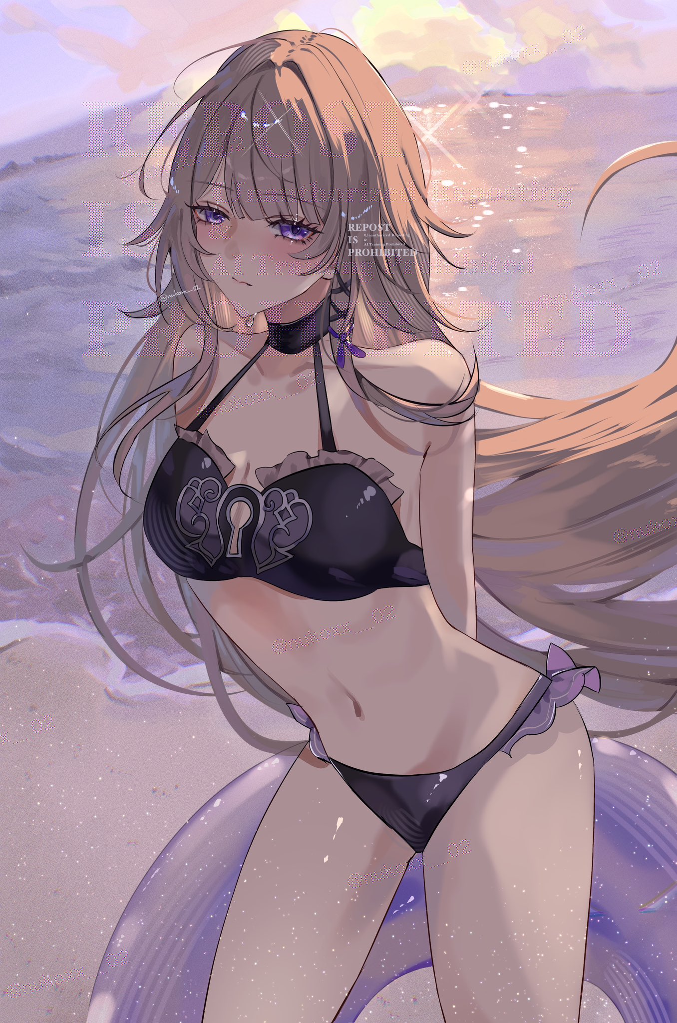 nukoxx 02, herta (honkai: star rail), the herta (honkai: star rail), honkai: star rail, honkai (series), highres, 1girl, bare shoulders, bikini, black bikini, breasts, brown hair, gradient sky, long hair, medium breasts, navel, ocean, outdoors, purple eyes, sand, sky, solo, stomach, swimsuit, thighhighs, very long hair